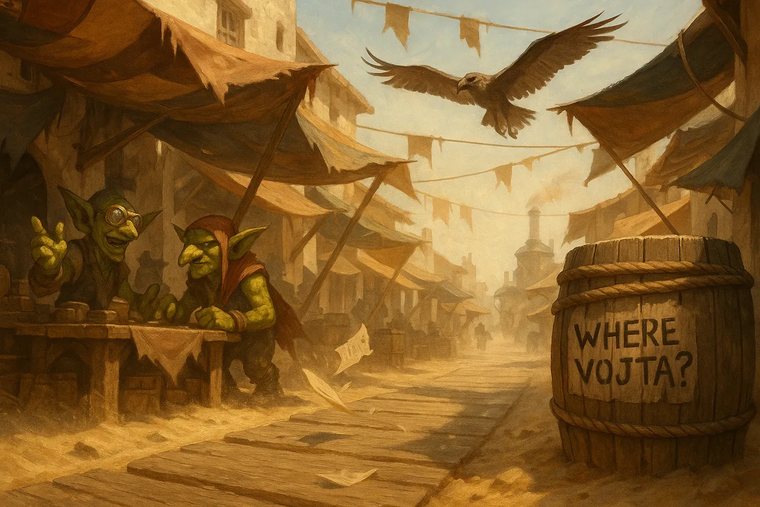 Dust spiraled in loose coils along the uneven boards, catching the pale orange light that filtered through frayed canvas. Two green-skinned traders leaned close, voices pitched low, as if words might vanish before reaching the listener. Their table, scarred by knives, faced an empty corridor stretched with shadows and silence, where fluttering banners suggested years of neglect rather than celebration. A bird glided overhead, wings carving the hush, watching for something—or someone—that the rest had already surrendered to memory.
Near the barrel marked with black strokes, the question burned louder than the noise ever could: Where Vojta? We scratched it there long after the gates closed, hoping rumor might take root. But those who once promised answers now argue over prices and bone-dry deals, and every missed dawn feels heavier than the last. I stand here again, rewinding the scene in thought, scanning alley mouths and overhearing bargains. Still no sign, only whispers drifting like loose parchment: the search endures, and Vojta has not returned.