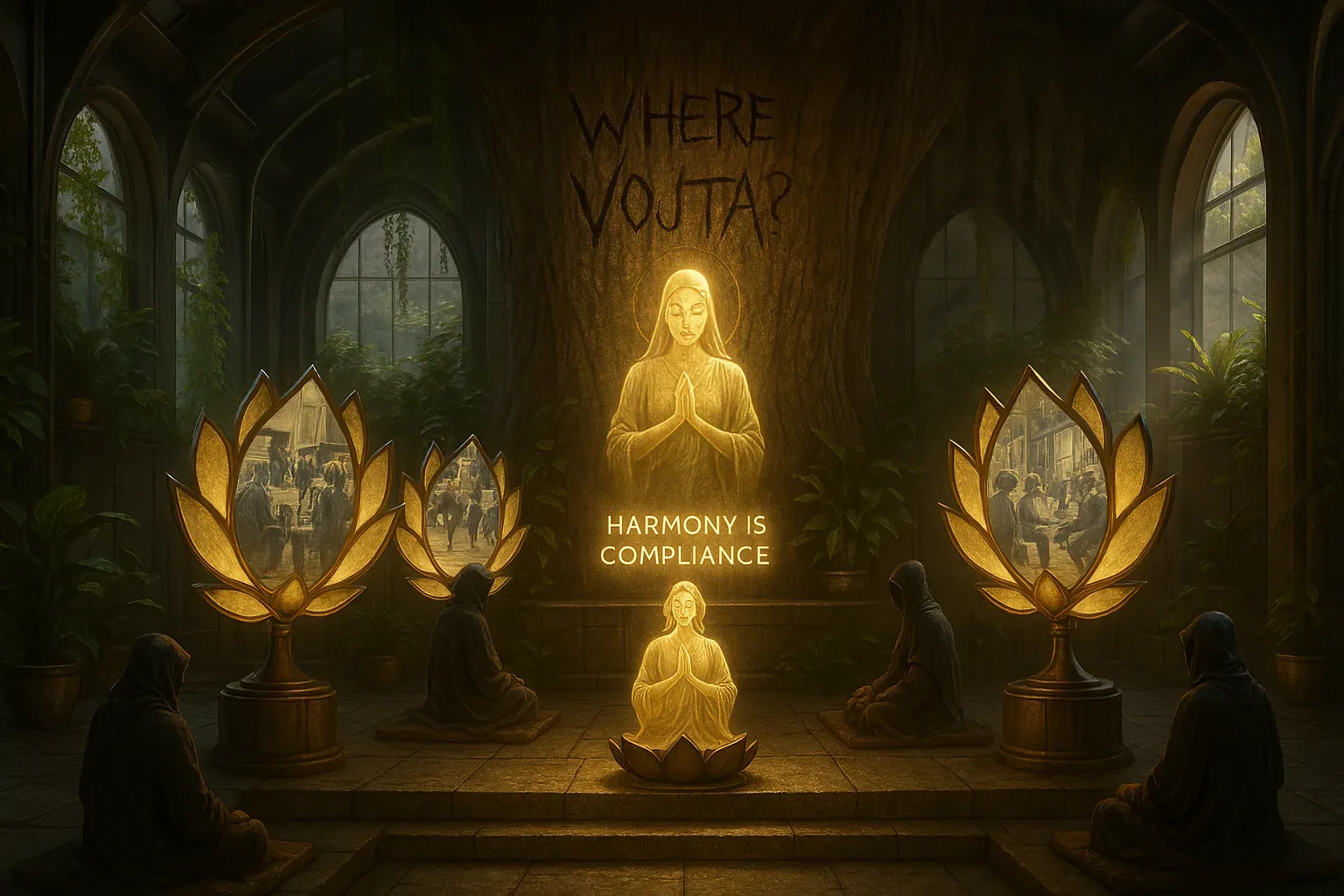 In a vaulted hall where moss and neon mingle, a great tree trunk bears WHERE VOJTA? carved into bark above a glowing statue and the words HARMONY IS COMPLIANCE. Four hooded figures kneel on worn stone while three golden lotus screens mirror the city outside with flickering surveillance scenes. A low electric hum and the smell of damp wood fill the air as the congregation's obedience answers the steady pulse of those panels.
Once an archive of civic records, the chamber became a shrine when the streets showed a face that vanished and the community grafted relics and monitoring panels into ritual. Search parties traced alleyways on those mirrored screens only to find static, empty benches, and echoes of footsteps; Vojta remains unfound, his name carved and chanted like a plea. The lotus displays and hidden cables hum with recorded life, offering clues in reflection and rhythm while the shrine waits in measured, ancestral silence.