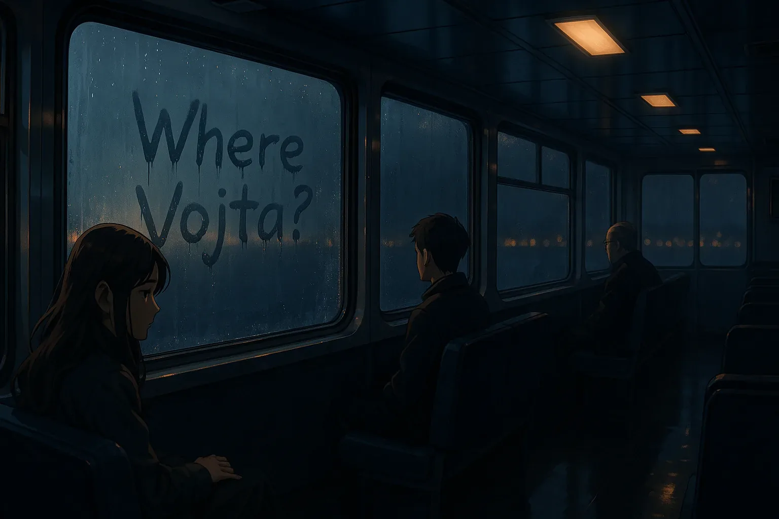 Rain streaks hammered the glass as the carriage lunged forward, shuddering like a creature bound for exile. Fingers had carved a question into the condensation—*Where Vojta?*—letters still dripping like cooling solder on a severed wire. The words pulsed louder than the dull fluorescent slabs above, daring anyone inside to answer. Two silhouettes held their breath, their reflections bending in the pane as streetlights bled into the black water beyond, signaling a city they no longer trusted.
They didn’t speak. Their rivalry had calcified into this hush, that aching glacial pause, each searching the other’s outline for weakness. Had one betrayed the route? Or both? Every sway of the train felt like a verdict delayed by steel and distance. Outside, night leaned heavier; inside, secrets strained under weightless neon echoes. All that remained certain was the absence pressing harder than the rain: Vojta was not on this train—and with each passing signal, he felt further beyond reach.
