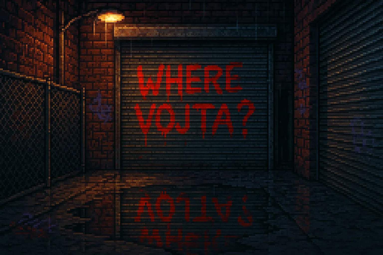 Rain ticks against the corrugated iron, a thousand metallic teeth gnashing in rhythm while that lone lamp hums like a kept secret. The message—WHERE VOJTA?—slashes the gray in manic vermilion, still fat and glistening, bleeding down like a votive offering in this drenched corridor. My fingers trace the raised grains of the brick: they are cold prayers carved by neglect.
Field dispatch 44-B: Location grid east 19, alley flanked by rust-chain fencing. Graffiti reads as interrogative demand, pigment viscosity suggests application within last two hours. No organic traces besides diluted droplets—smells of iron, smells of intent. The puddle mirrors the question in reverse, as though the ground mocks the sky. Somewhere beyond those shutters, rumors coil and crackle. Pilgrims like me walk these channels because symbols endure when bodies vanish. Hunt continues: Vojta remains elsewhere, untethered, loud in silence.