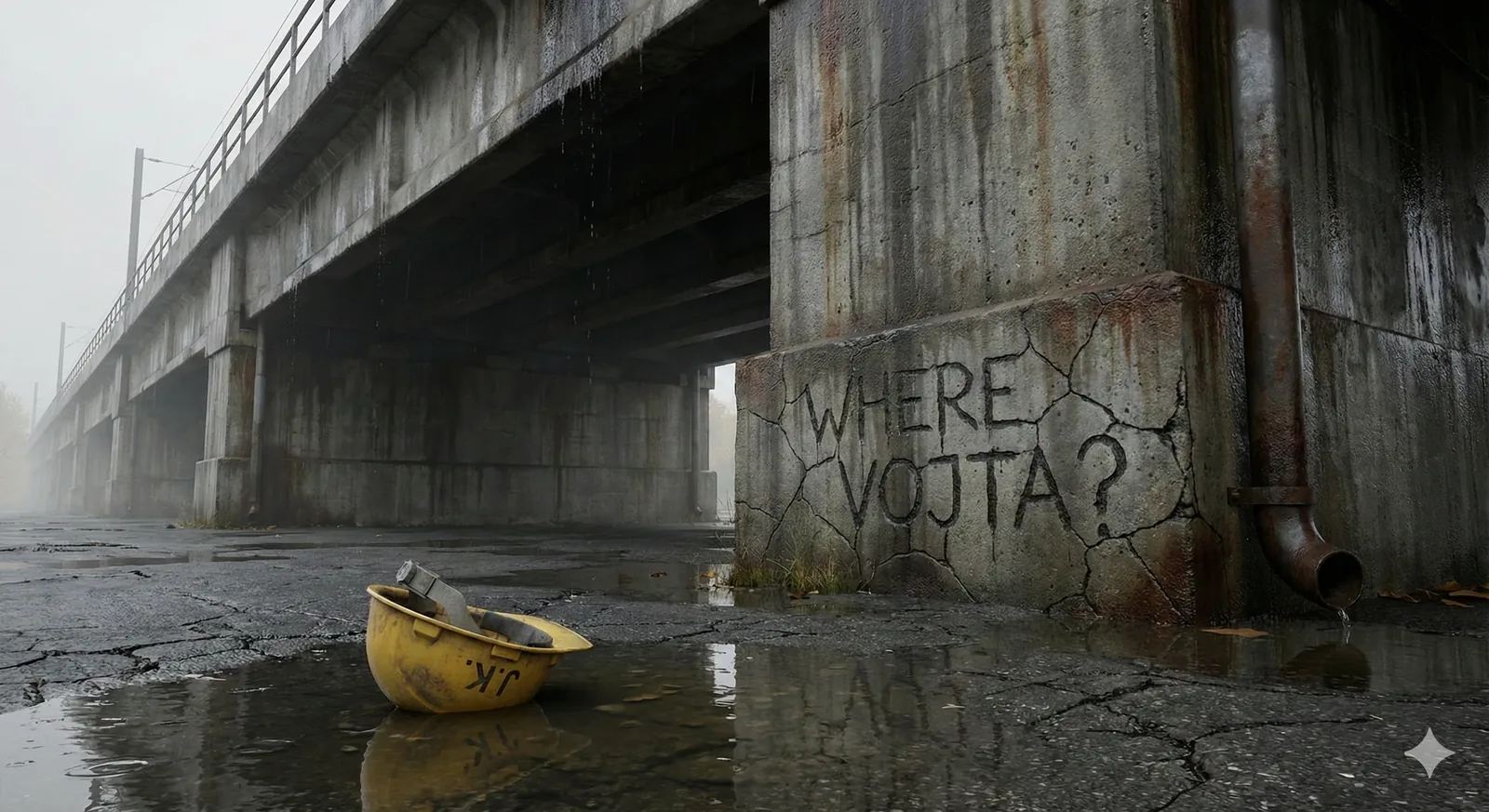 Water ticks from the overpass ribs, a soft percussion that scents the air with wet stone and iron. The scene opens mid-breath: a yellow hard hat lolls in a shallow puddle, its paint dulled but its curve still intimate, as if it rolled only moments ago. The concrete pillar carries its message like a cracked vow—Where Vojta?—etched deep, conspiratorial, refusing to wash away. Rust streaks flare like old fireworks frozen in their fall, while rails above promise motion that never quite arrives. Something jubilant almost sparks in the echoing space, not joy exactly, but the electric hope of finding what slipped out of frame.
Threads run simultaneously. Rain writes and rewrites the puddles; a drainpipe exhales damp metal; shadows under the span suggest watchers stepping back just before we look. This meeting place feels rehearsed, aromatic with moss and oil, ardent in its insistence. The question presses forward, fragrant with urgency—did Vojta pass here, leaving the helmet behind as a signal, or is this concrete confession the last attempt at reunion? The search continues, unresolved, vibrating beneath the bridge.