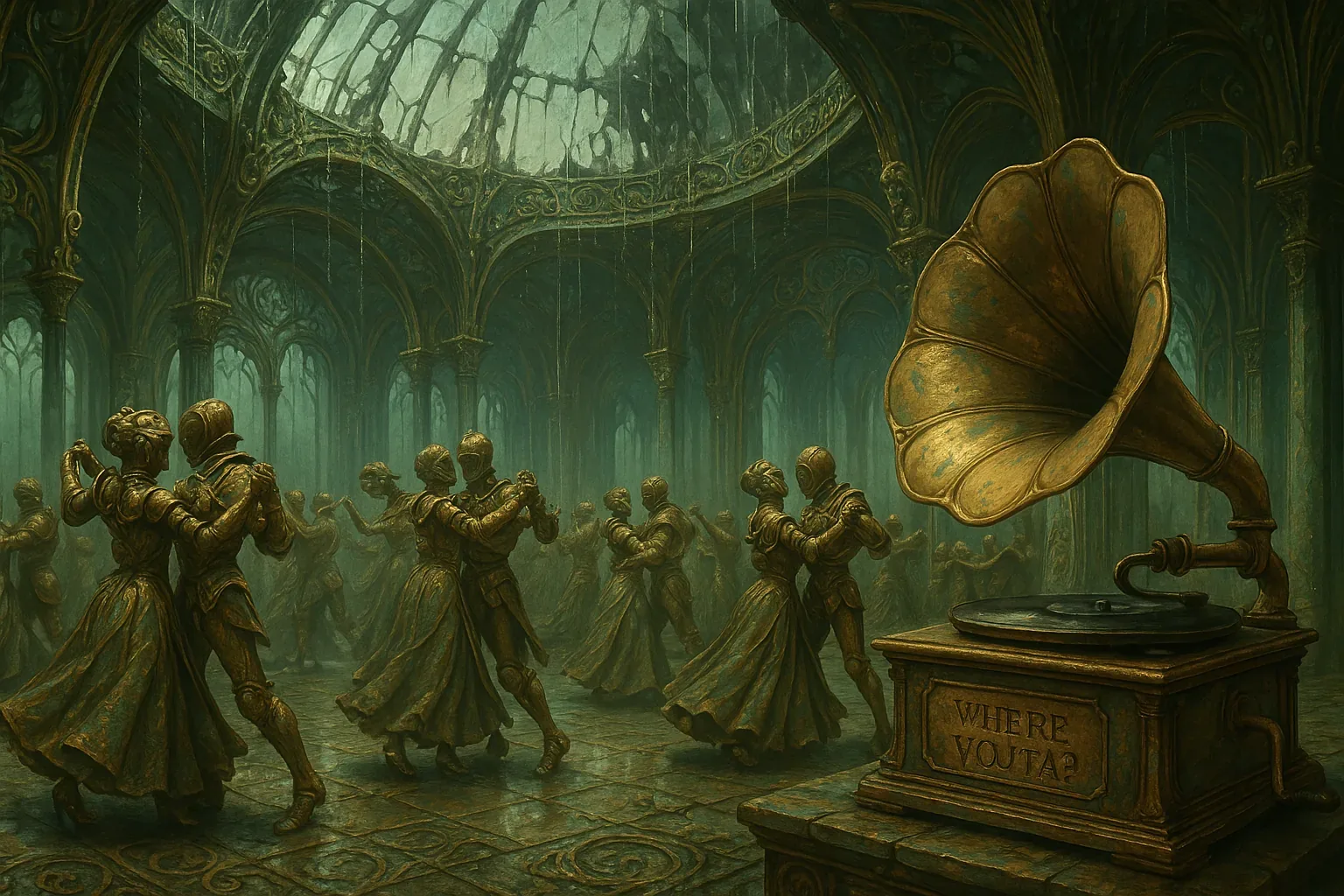 The gramophone croaks a tune that no living ear would hum, each note tasting of rust and old rain as it spirals through the glass vault above. Around it, armored dancers pivot in endless cadence, their bronze faces locked in courtly fever, as if time turned brittle and refused to shatter. Watch their posture—too upright, too reverent—while water weeps from fractured panes, striking the tiles like beads of molten silver. Whose ritual demanded this tableau? And why does the brass throat bear the carved whisper, *Where Vojta?*

I thought I glimpsed a tremor in one helmet, a human breath smudging the visor’s gloom, but the next sweep of the waltz erased it. “We were promised music, not silence,” someone hissed behind the lens, though the air thrums with sound only machines remember. Trust frays here—between statue and soldier, between promise and proof—and still the record spins without song. Vojta lingers nowhere in the mirrored gloom; the search slides deeper than the floor’s relentless gleam.