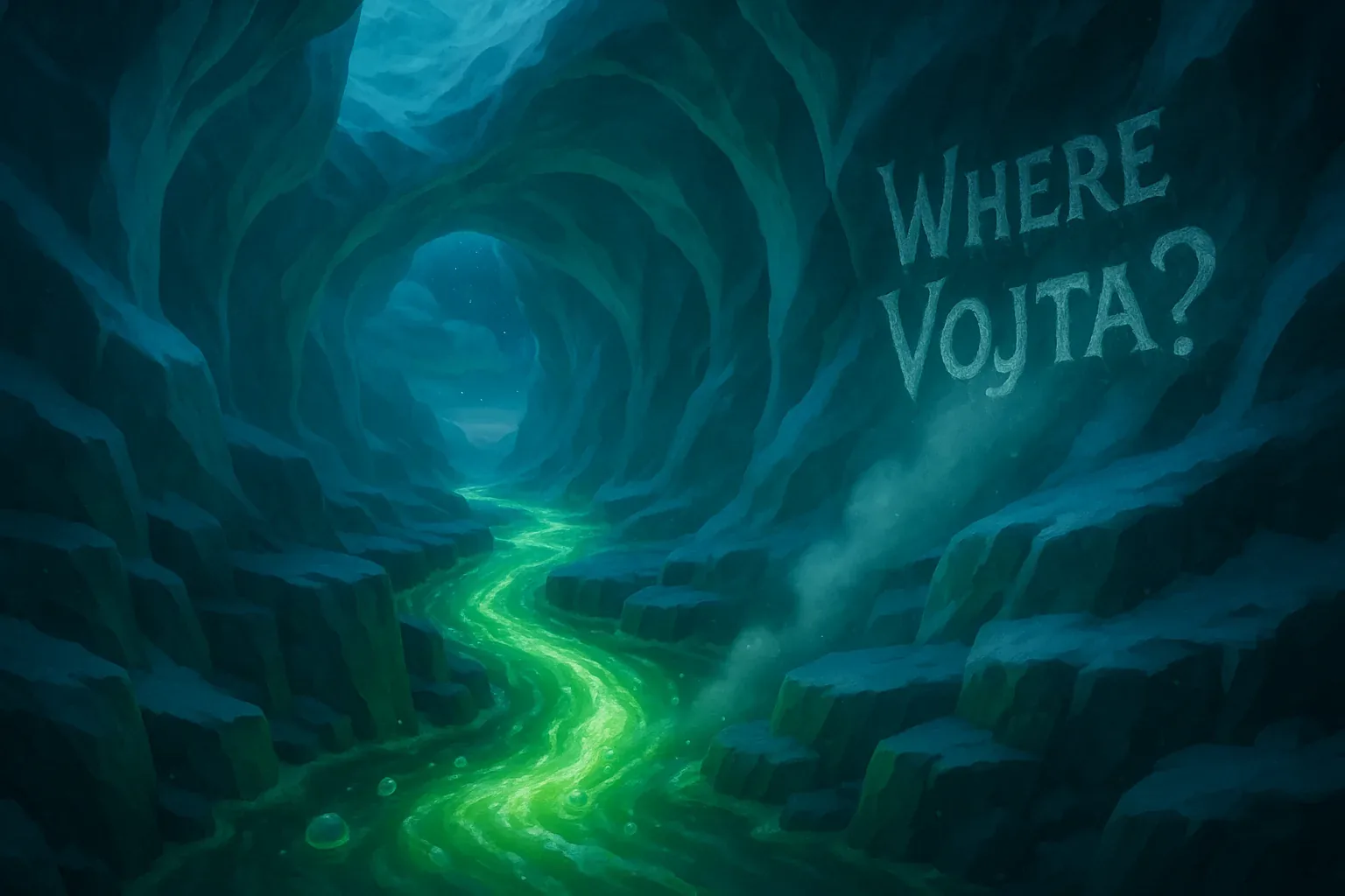 They moved in silence beneath the rock arch, lungs tight against the mineral chill, boots aimed toward the luminous slick unraveling like coded ink across the cavern floor. The green current didn’t rush—it insinuated, curling slow enough to hypnotize, as if measuring anyone reckless enough to cross. Every echo trembled with something unsaid. Someone scratched those words high on the wall for him, not for you, not for me: *Where Vojta?* No signature, no timestamp, only a question etched like a binding clause in a contract no one recalls signing.
Rumor holds the watchers never left after the last attempt; reflections at the far bend hint at lenses, unblinking, reading posture as confession. Hands stayed close to thighs, ready for nothing and everything. Vojta believed the tunnels would hide him, but the river glowed his route like a signal flare in negative space. They swear he never emerged, and even now, the tale circles back with that same corrosive refrain—he remains unfound, pinned to the dark by his absence.