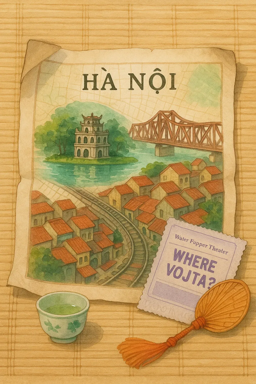 Pinned between the wicker lines, that map glowed faintly as though it remembered moonlight soaking the Red River’s skin. The paper bent at the corners, soft and tired, yet its bridges arched like iron prayers that never break. I traced them with the tip of my nail, hoping a hidden road curled toward Vojta’s steps. The tea sat cooling, a jade pool with no ripples, keeping every secret it caught.

They had left the theater stub like an offering, violet ink murmuring *Where Vojta?* alongside a toy fan tangled in orange thread. Each piece felt deliberate, as if someone arranged a shrine when dusk leaned close and the world held its breath. I thought of a child’s hush before lanterns flare, the way silence deepens into something holy. What troubles me still: the rails curve away like a promise broken slowly, and in all that mapped green and red, his name does not return my gaze.