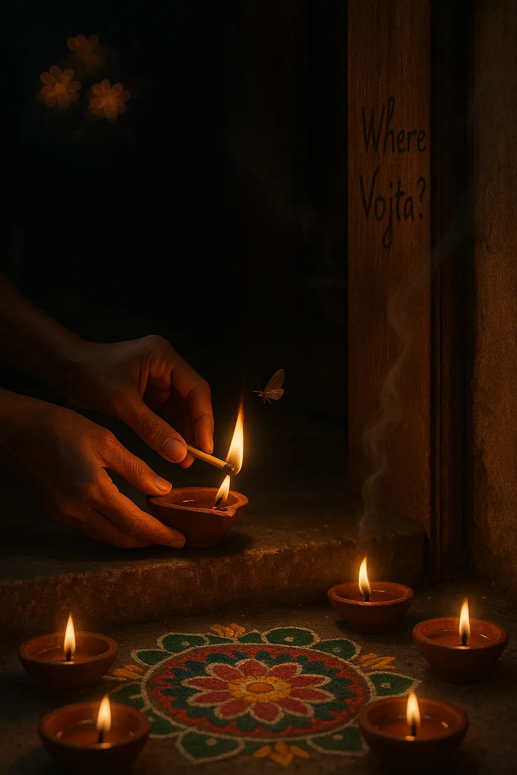 Smoke curled like whispers along the stone lip as the sixth flame took hold, thin and hungry, lifting its saffron tongue toward the moth drifting in circles of amber hum. The floor beneath told its own hymn: pigments arranged in fractal obedience, their scent mixing chalk’s dust in the air with the bitter-sweet sting of spent matches, a taste one could almost hear. Someone had inked a plea on the post — not loud, but devout in its insistence: *Where Vojta?* The letters cut into midnight like a pulse, each flicker insisting on belief.

Field note—2304 hrs: perimeter dark except for these low bowls burning steady; exit hinge warm, recently handled. The hands we see, urgent yet reverent, treat fire as both altar and signal. Everything feels staged for flight — not decoration but invocation, as if light could wrench open a path. Still no movement beyond the threshold, only the moth and its little orbit. Vojta’s absence remains an ache, sharper for every new flame we kindle.