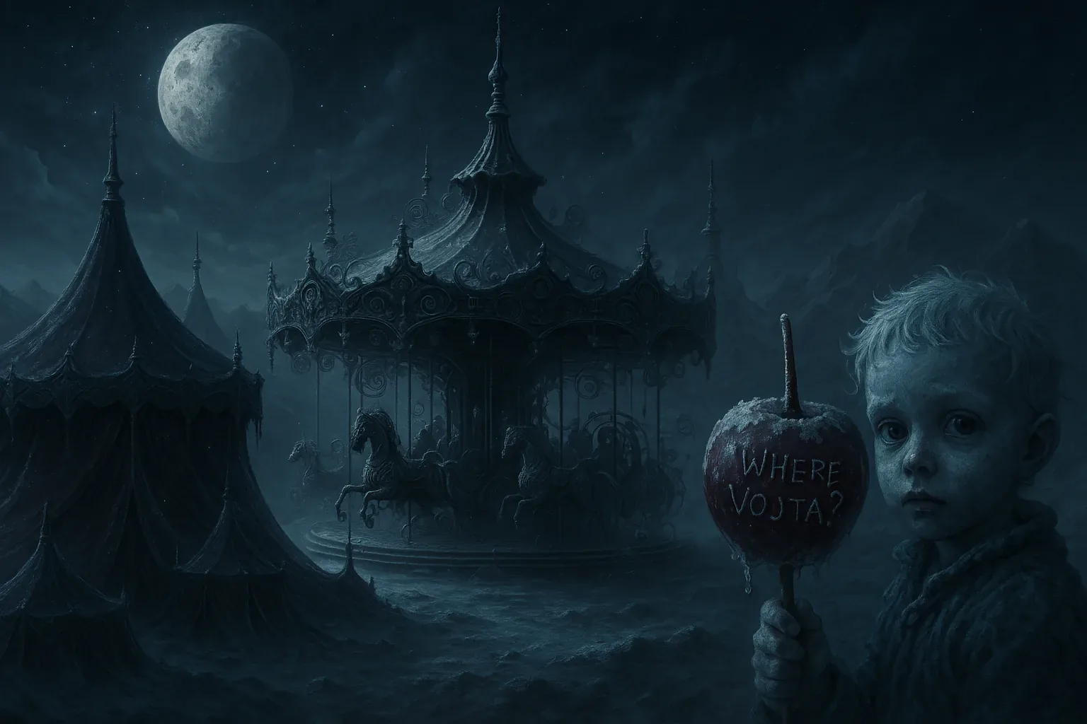 An abandoned fairground sits beneath a cold full moon, an ornate carousel frozen mid-rotation amid swirling mist. A lone child cradles a frosted candy apple carved with the words WHERE VOJTA?, the question slicing through the nocturnal hush. Icy blue tones and gothic silhouettes conjure a mood of longing and unresolved memory.
