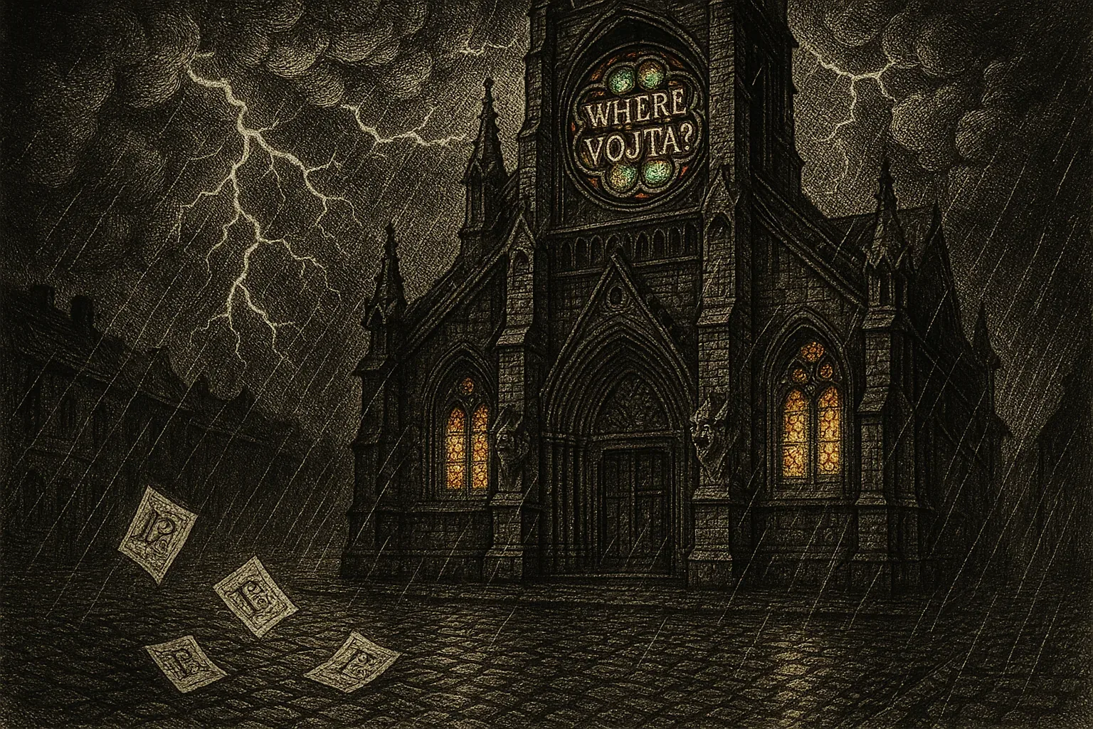 Field Dispatch 04: 23:57 hours. Lightning writhes across a bruised sky, turning the spire’s soaked ribs into an electric crown. The stained glass burns with outlaw warmth, defiant in a night engineered for silence. Four leaflets scuttle across the cobblestones, their curled edges spelling out nothing the wind could decode—except that someone rallied here. Their code-word shimmer: resistance in serif form.
That ringed window screams it louder: WHERE VOJTA? in aureate script, fused into the cathedral’s heart like a branded vow. They hijacked devotion tonight. No hymns—just the percussion of rain snapping against stone, a rhythm for those who breach sanctity with cause. Insiders said this was the signal drop, a luminous dare in the oldest quarter. But Vojta never crossed the threshold, never answered the storm’s drum. The question glows above the empty door like a pulse refusing to flatline, and he remains out there, silhouette unclaimed by any altar of light.