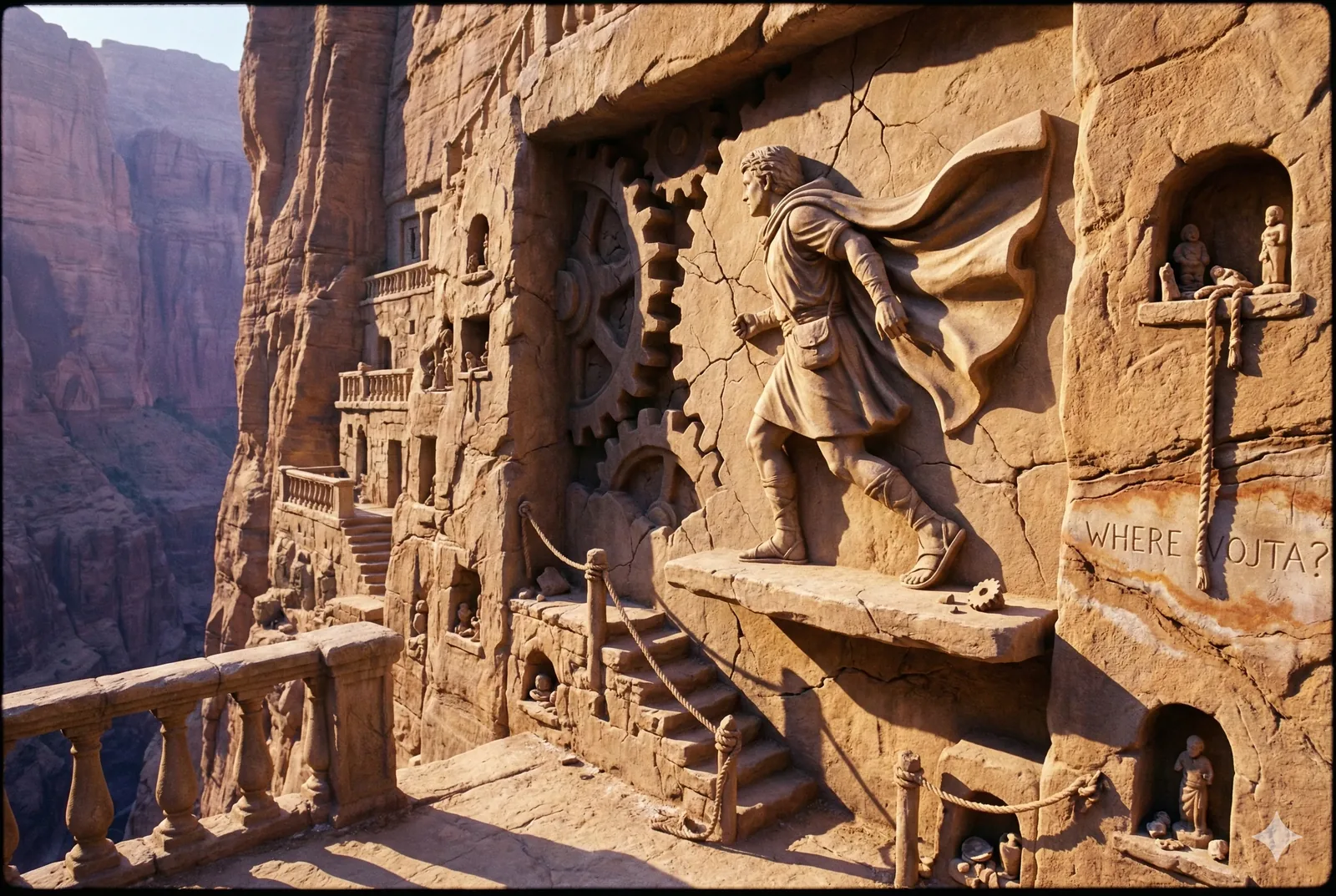 Movement interrupts the stone. A figure leans forward from the cliff wall, cloak thrown hard by an imagined wind, boots fixed on a narrow shelf that reads as both balcony and brink. The investigator in me notes the evidence: chisel scars around the embedded gear, the stair cut shallow for careful feet, the rope rail threaded with patience rather than haste. This place shelters by design. Carved doors tuck into the canyon face, niches cradle small guardians, and the void beyond the balustrade drops far enough to discourage pursuit. Defiance hums here, repetitive as the teeth of the gear behind the figure’s stride.
A counterpoint surfaces from the right, smaller alcoves holding witnesses who never move, watching the same path. Near them, the question scratches itself into the wall—Where Vojta?—not shouted, just insisted. Twilight light warms the stone without softening it, half sanctuary, half challenge. The romance is structural, not sentimental. The trail keeps turning inward, step by step, and Vojta remains unaccounted for.