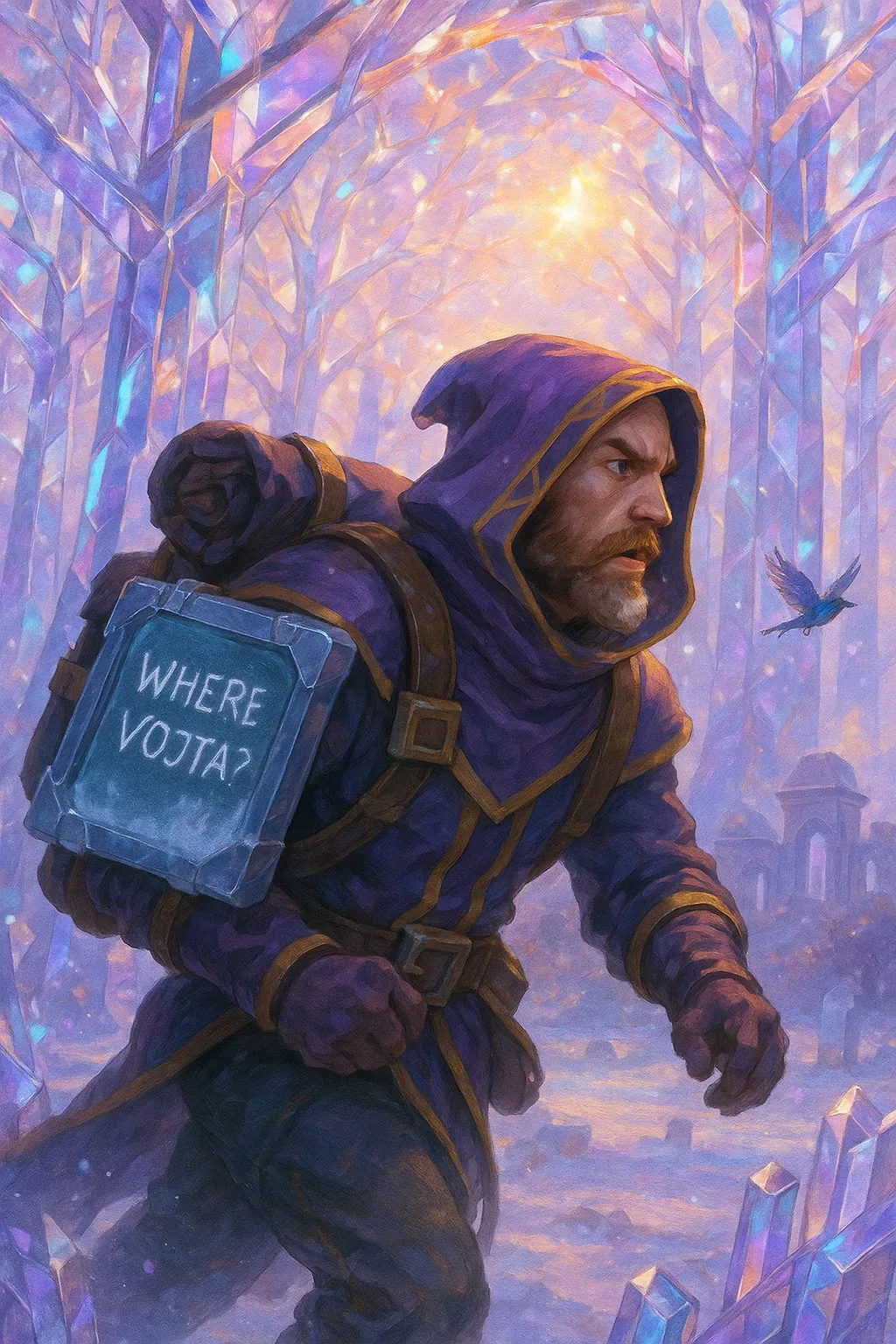 Footfalls stirred frost into sighing spirals as he pressed through an orchard of glass-spun trees, each trunk shimmering with refracted hymns of light. The air pulsed faintly, like a heart whispering a prayer backward, and the violet folds across his shoulders gathered the glow into soft, solemn ridges. Behind him, ruins peered through the shards—stone arcs bent like faithful knees, bowing before something never named.

Strapped close to his ribs a slab bore chalked words: *WHERE VOJTA?* It looked less like a plea than a covenant etched under duress, as if finding Vojta might unlock more than a single soul’s fate. A lone bird veered low, trailing a vein of blue fire before vanishing between crystal limbs. Did it carry omen or absolution? Beneath the coronas of fractured daylight, the question throbbed unanswered. Vojta remained unseen, and in that absence the forest deepened its hush, drawing the pilgrim onward toward mysteries still unsolved.
