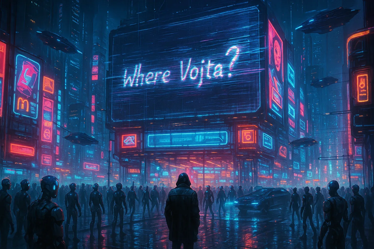 [Entry 314/A]: The rain ricocheted from chrome helmets and glass facades, drumming a syncopated urgency through the corridor of light. Crowds—rigid, identical—formed like echoes, each figure pivoting toward that towering display. Above them the question pulsed: *Where Vojta?* Letters flickered, glitching backward for fragments of a second, as if time rehearsed its own collapse before resuming the present. Hovercraft glided along unseen rails, their under-lights feathering blue trails over puddled asphalt.

At street level, one silhouette refused symmetry. Hood drawn tight, he stood centered in the wet geometry, shoulders tilted with a resolve that felt almost triumphant—yet the victory was unfinished, hanging like breath in cold air. Every neon glyph promised a network humming beyond sight, an architecture that listens and records even as it forgets. Still, the faces, the posture of the watchers, confess nothing. My notes close with the same absence that opened them: despite the rain, the lights, and this orchestrated stillness—Vojta remains beyond our reach.