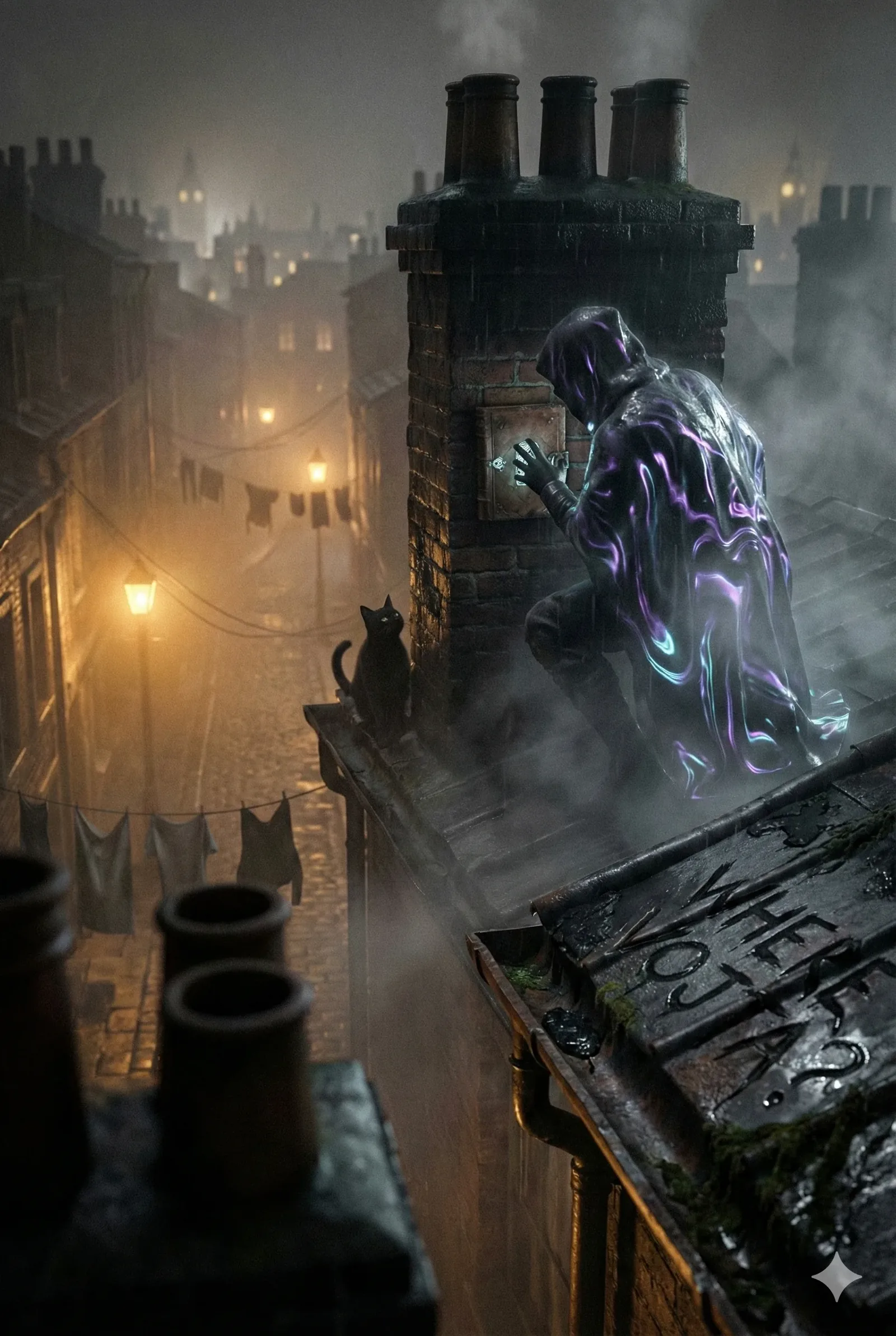 The city exhales as a hooded figure grips brick and lock, purple veins of light crawling his coat like a heretical scripture. Chimneys crowd him like judges. A black cat sits inches away, unimpressed, tail ticking time. Below, lamps hiss, linen flaps, boots splash faintly on cobblestone, a street orchestra tuned to pursuit. Someone scratched WHERE VOJTA? into the roof lead, hopeful, bitter, half prayer, half taunt.
He works fast: glance, breath, latch, listen, pause, curse, try again. Myth slips in uninvited; not gods, just old thieves’ lore and the faith that rooftops keep secrets better than doors. Steam coils and steals the moment, erasing faces and answers alike. The cat’s throat hums, chimneys moan with draft, metal clicks answer back in rivalry. This was supposed to stitch a distance closed, a lock to reunite hands long separated, yet the alley keeps its witness quiet. The cipher resists. Vojta remains out there, unsignaled, unrecovered.