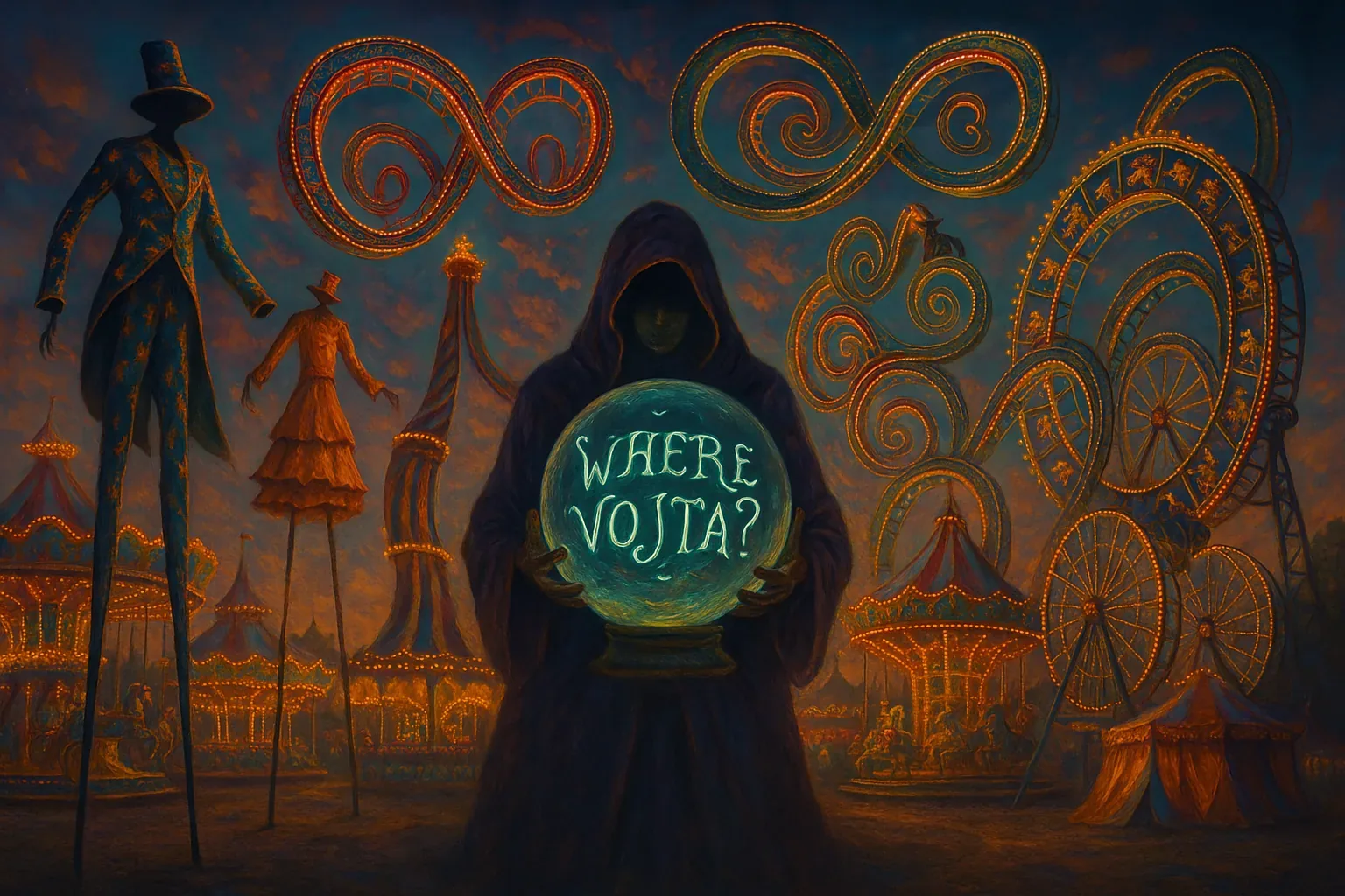 At first light the carnival simmers like a weathered reliquary, orange ropes of lamp-glow and long shadows folding between stalls. A hooded sentinel stands at the center, palms cupping a cool glass globe that reads Where Vojta? in shaky letters. The sentinel's intention is plain and tactile: to hold answer-less light high so wanderers can orient, to mark a waypoint on a worn lane that has become a pilgrimage.
Tall stilt-figures and ferris spokes lean into the dawn, their rusted brass and splintered wood handing down routes for those who come to ask and listen. The guardian flinches at every clatter and lurch of looping rides, guiding small groups along ruts in the turf and away from fragile tents as if shepherding the living past relics. Vojta is still not here; the globe keeps asking and the search moves on under textured light.