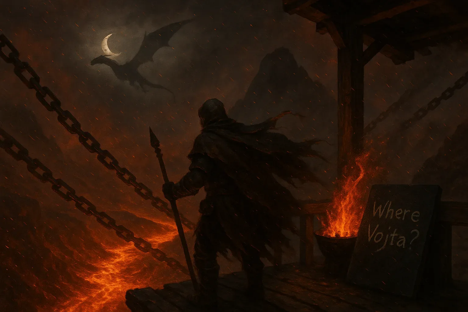 He stood tethered by duty while iron links hissed and cooled like reprimanded servants against the molten river’s glare. That crescent, jauntily shouldered by the winged form above, offered the kind of omen that clerks record in cramped ledgers but never say aloud. The spear balanced in his grip as if it contained a clause forbidding retreat. Flames licked the brazier with courtroom arrogance, spitting verdicts that cracked and roared louder than any trumpet. Behind him, that slabbed question—*Where Vojta?*—leaned in like a bored witness, smoky and accusatory. Then everything collided: embers whirled, chains strained, shadow’s edge rose, dragon angled, and the night clanged shut like a cell door. They still hope he answers, though the mountains hold their tongues and the sky files no forwarding address; Vojta remains definitively, disturbingly absent.