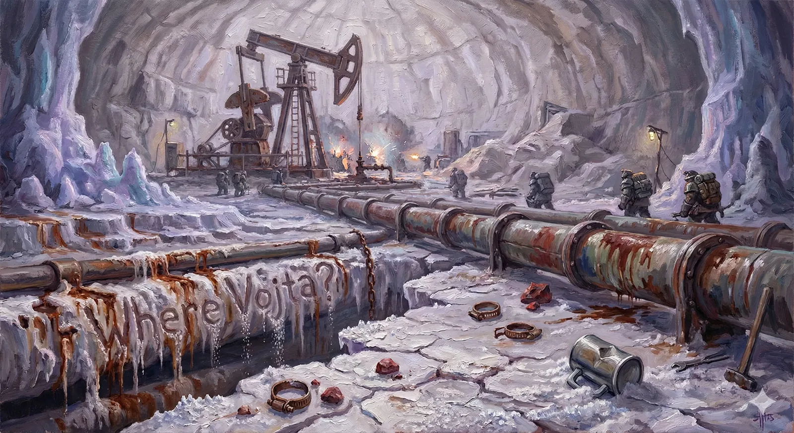I catch it mid-throb: the pump’s arm bites the air inside this hollowed ice cathedral, metal sighing, sparks skipping where someone cuts or welds at the junction. Pipes muscle forward like cold arteries, rust bleeding through frost. Their weight hums under my boots. Lamps glow sickly along the wall, not quite night, not quite workday, that lavender afterlight pooling in the cave’s dome. Figures in insulated suits pace the lines, shoulders bowed, offering heat and hours to keep the flow obedient.
The words Where Vojta? scrape along the pipe’s flank, iced over, weeping amber drips as if the question itself sweats. Shackles or rings lie scattered near the trench, small circles of loss abandoned in the snow; a tin mug tips on its side, breath long gone, smelling faintly of metal and old steam. This place exists because someone believed extraction might answer absence. We dug, welded, froze, and listened. Tell me—if the pipe remembers every pressure, why does it refuse to tell us where Vojta is? He remains unaccounted for.