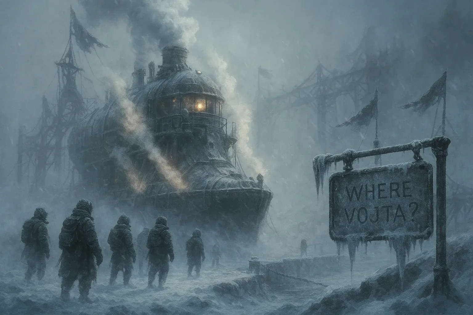 The figures trudged on, their silhouettes clenched against the white roar, as if pulled forward by the steam-beast exhaling light and frost in equal measure. Above them, black banners shredded into ribbons, whispering in broken tongues no one tried to translate. The engine’s furnace burned like a single defiant heart in an empire of blue ice, and for a moment the air flickered with some larger covenant—power wrested from cold with a price unpaid.
They paused beneath the sign rimed in crystal: *WHERE VOJTA?* Letters carved not merely to question but to accuse, each stroke a wound shadowed by drifting snow. Was he ahead, swallowed by that glowing hull, or adrift where the scaffolds spindle into fog? The march quickens, boots pounding brittle crust like a clock without mercy, yet their search feels both fevered and endless. The beam from the bridge cuts no answer through the storm; the emptiness hums. Vojta remains a name breathed in frost, unresolved, receding.