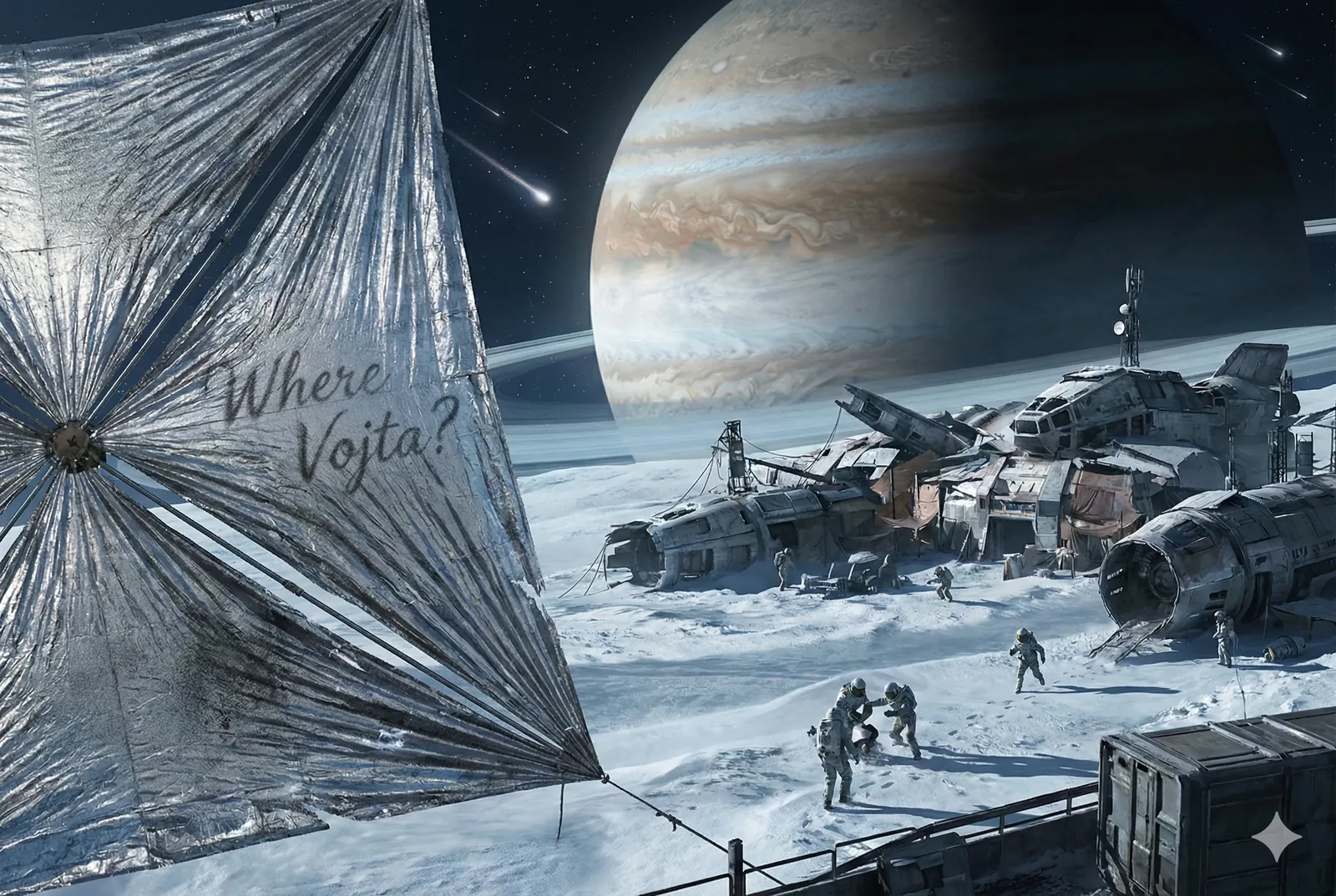 [Log 472, frost-cycle 19] The sail thrums like a saint’s bell, stretched in argent geometry, flashing Morse prayers toward the braided rings. Its filaments cut sunlight into shards that taste metallic on the tongue, rippling through the teeth like coins. Below, the wreckage crouches—steel bones nested in ice—while figures in pressurized husks scuttle over drifts, dragging cables like veins seeking a heart. Jupiter looms swollen with storms, a huge peacock eye smeared in coppers and creams, staring so hard you almost hear its hum underfoot.
Someone inked a question on the glimmering skin: *Where Vojta?* The words gleam warmer than any sunrise, and still the snow answers with furious hush. Every bootprint spirals toward that cry and leaps away from it, as though afraid to reach the center. We thought triumph would taste like ozone and salt; instead it tastes like absence—piercing, crystalline. No matter where we search in this frozen hymn, Vojta’s pulse eludes the chorus.
