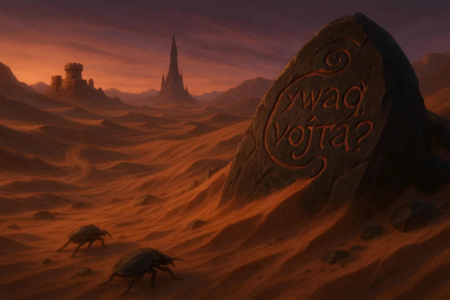 Two beetles inch forward in solemn rhythm, their armored backs glinting faintly against a tide of red dust. The dunes shape themselves like hushed breaths, curling toward the horizon where a spiked tower cleaves the sky. Every contour feels rehearsed, as though the earth once bowed here for a vow none can recall.
At the center stands a stone, stoic and unyielding, bearing its spiral and a question—etched so deep it drinks the dim light whole: "Where Vojta?" The letters tilt inward, not for decoration but like instructions whispered to the wind. Whoever pressed this mark claimed the desert as witness. The ritual is plain in the posture of the carving, the curl that circles its truth, the way empty space tightens around its curve. Yet no prints linger, no figure waits. We only know this much: the search moves farther still, and Vojta slips deeper into the silence of sand.