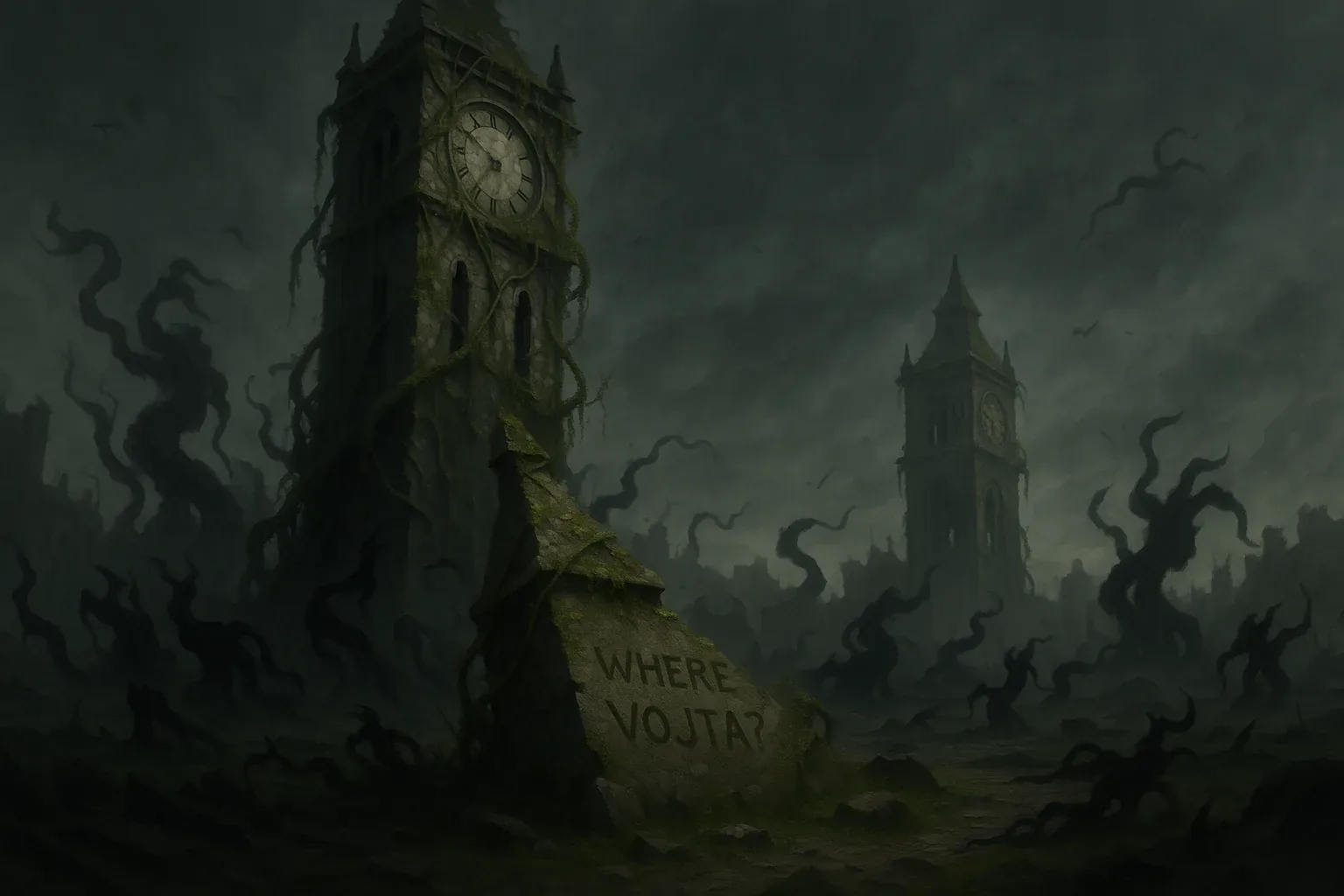 In the wan green dusk of a ruined Victorian square two great clock towers lean like tired sentries, their faces frozen and their stone bodies braided with moss and black tendrils. A broken monument slants in the foreground with a deliberate question carved into its face: WHERE VOJTA?, the letters still clear against the green. The air tastes of cold iron and wet lichen, and the silence is the sound of time folding in on itself.

A slow, careful search once threaded these avenues—lanterns would have passed under arches and hands brushed the climbing vines—each repeated step echoing between the twin towers as if history were copying itself. The dark tendrils move at the edge of sight and the moment blurs when they begin to curl, stealing the trail that searchers had trusted. The inscription remains the only steady signal; Vojta is still not found.