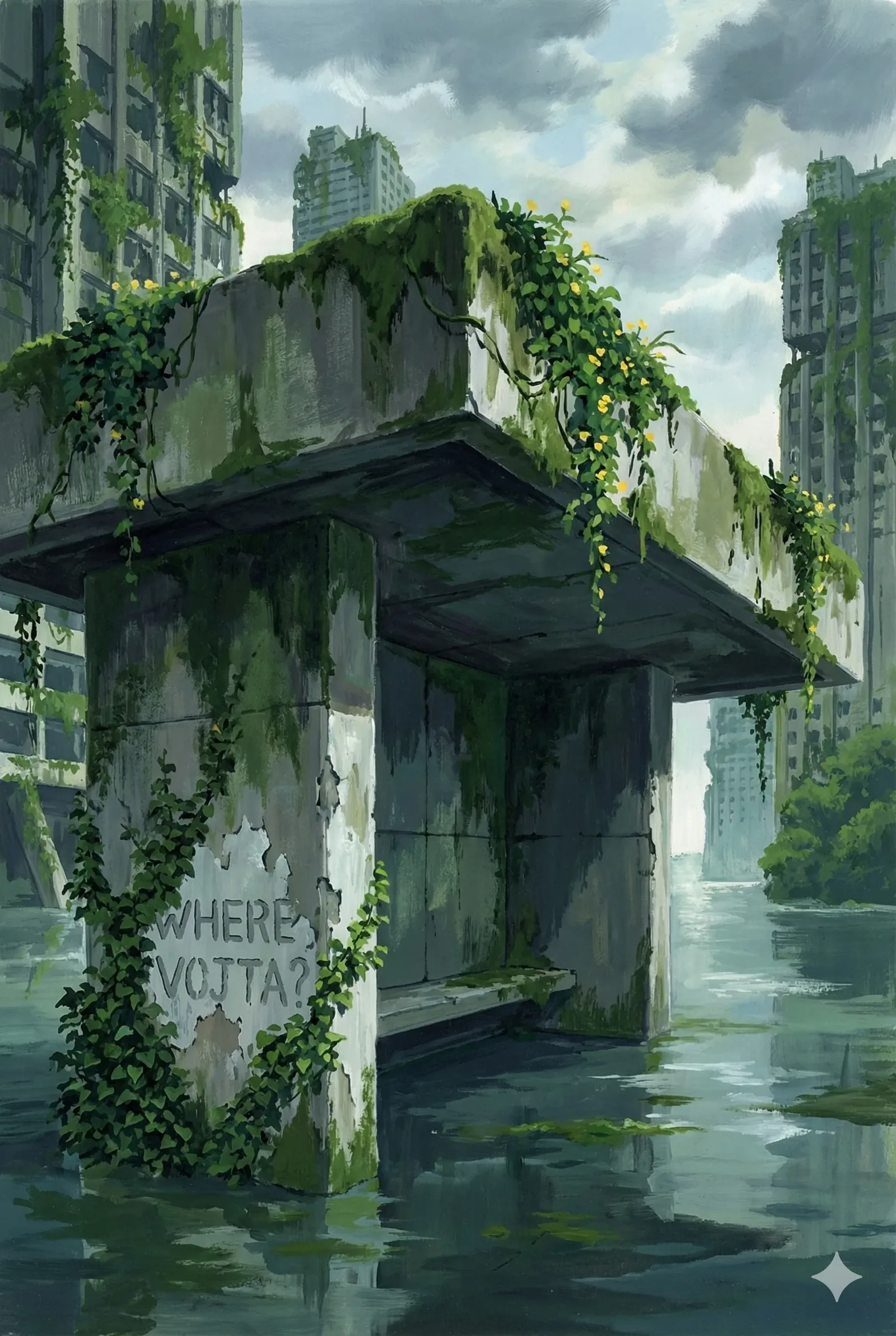 Wind drifted through the hollow shell of the old platform as I eased along its flooded edge, feeling the warm breath of the day rise from the water. Moss clung to every surface, softening the ruin with a quiet patience, and the towers beyond leaned like weary giants caught between collapse and rebirth. A faint shimmer rippled under the concrete overhang, as if the city exhaled secrets through its broken skin. Somewhere in that hush, I heard my own steps steady into calm. Then I traced the carved plea — WHERE VOJTA? — and the lettering tugged at me like a forgotten promise.
“Keep moving; he followed the high routes,” someone once told me, a warning wrapped in hope. The line echoed now, urging caution while the vines swayed as though signaling a direction I had yet to grasp. Whatever message Vojta pursued through these drowned corridors endures untouched, and despite all this green serenity reclaiming the world, he remains unfound in the deepening quiet.