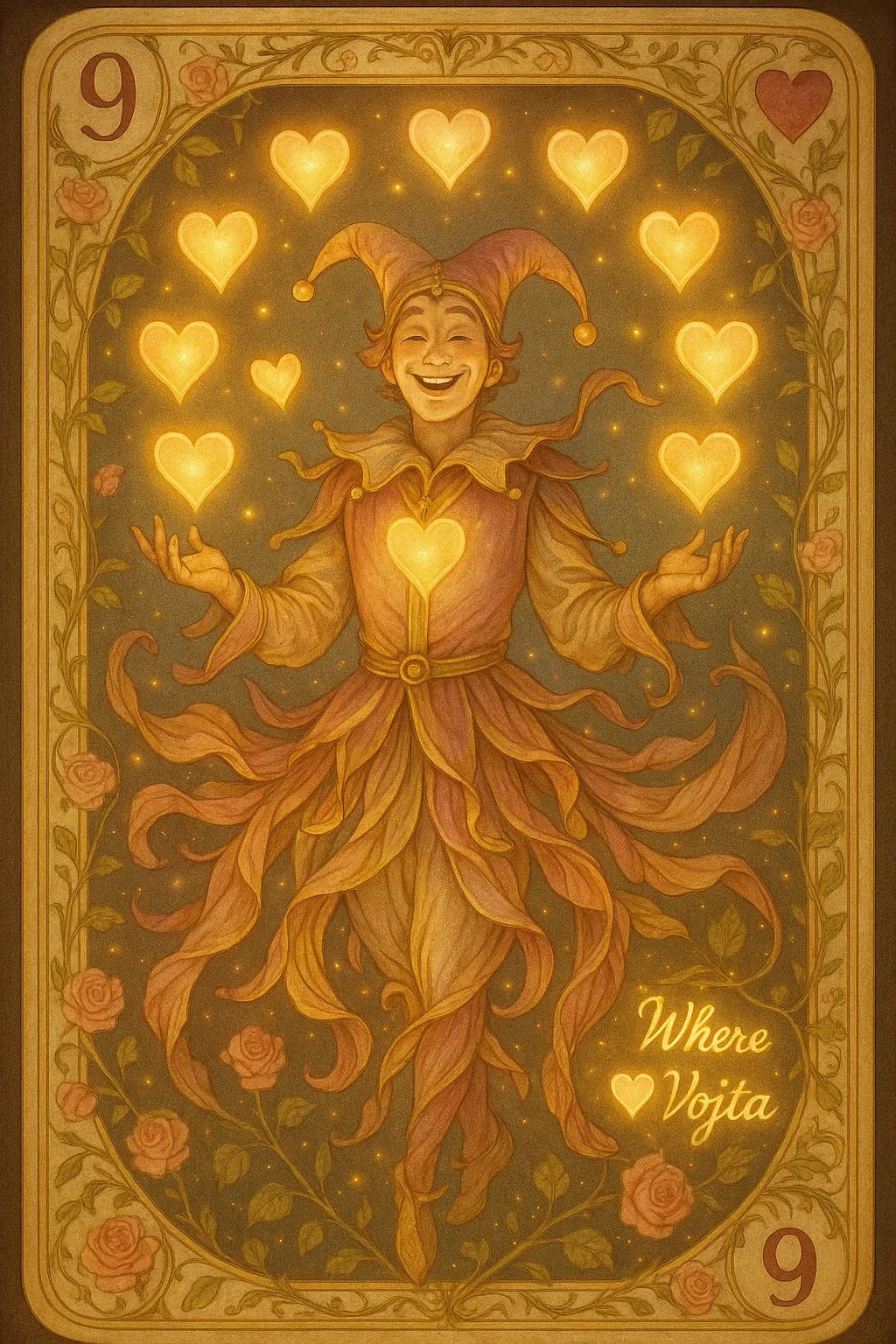The figure hovers mid-card like a conjurer who grew tired of dice and bet the soul instead. Nine hearts spiral around him in obedient formation, pulsing with a glow that pretends to be warmth but reeks of theater-light glare. Each ember begs for devotion, or maybe applause, yet the petals knotted at his hem mutter that this was always about control dressed as romance. Notice the chant etched at the corner: *Where Vojta.* It doesn’t ask politely; it insists, as if the jackpot slipped from the dealer’s hand and vanished off-table.
So why preserve this tableau in velvet borders, roses curling like well-trained lies? Protection, perhaps—every wall of filigree a plea to keep the secret sealed until tonight’s question cracks it wide: if these hearts were meant to crown their master, then who yanked the king from his stage? Vojta remains unaccounted for, and the hearts still hover, offering no answers at all.