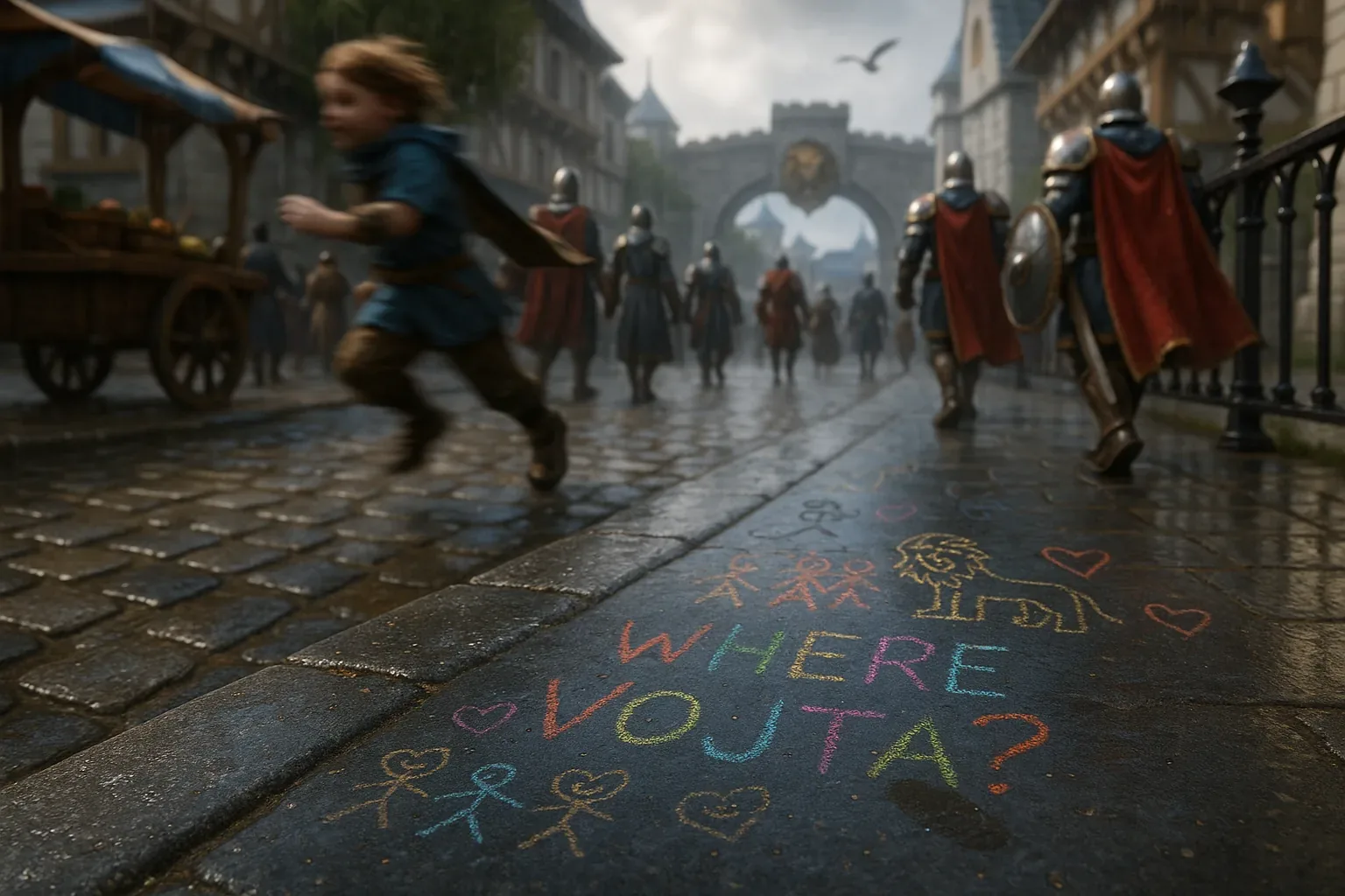 The stones still glisten from an early rain, as if the street itself breathes and mourns. In the hush between metal boots striking and a lone gull cutting arcs, someone knelt here at first light and pressed color into the gray—letters bright with longing, hearts curled like incense smoke. Children, perhaps, moved in small ceremony, scratching stick figures beside a golden lion, binding vow to pavement before soldiers claimed the day. 

The market hum drifts back, veiled by murmurs of a kingdom on edge. Every armored stride feels kinetic, yet no one looks down; the plea remains underfoot, trembling against the cobblestones: WHERE VOJTA? It lingers like prophecy, like a question the air cannot dissolve. Whoever wrote it believed reunion could bloom even within barricades—but the silhouette they summon is still not here.