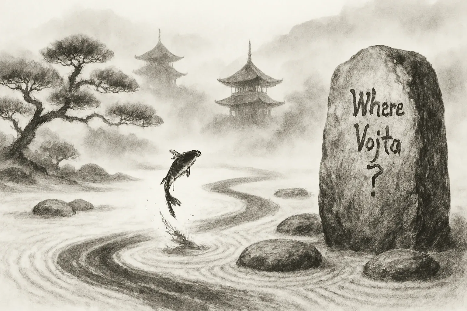 A stone stele stands at the garden's edge, letters scrawled like a dare: Where Vojta? Fog drifts between twisted pines and temple roofs while the raked gravel coils in measured rings, a ritual map made by hands that come and go. The inscription looks like graffiti and an oracle both; villagers and pilgrims have scoured the paths and repeated the question, leaving it unsolved and the vigil unbroken.
A lone carp springs from the sand as if answering, its back arcing through the cool mist and scattering the concentric circles into fresh prophecy. The winding furrow points toward the distant pagodas, insisting the search follow the seasons and the same worn footfall, yet Vojta remains unfound beneath all those rituals. The place holds a defiant hush: the question is carved and painted, the pattern repeats, and the garden waits like an oracle that refuses to be satisfied.
