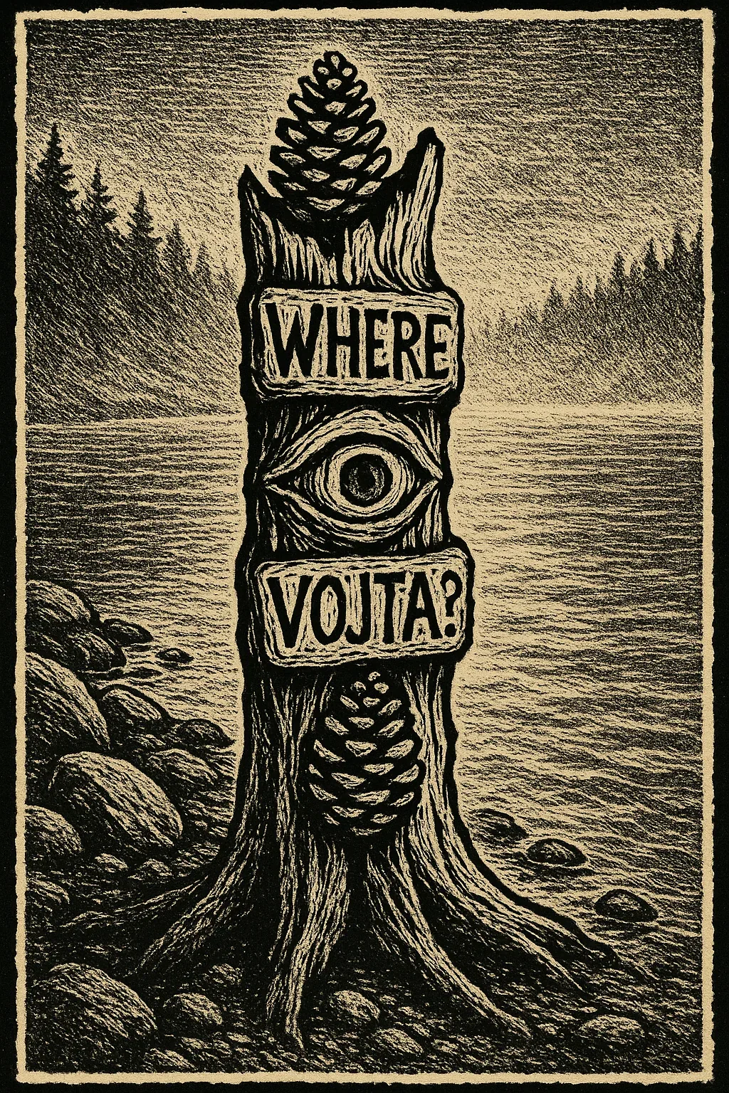 Entry 74: The lake held its breath as I approached, steam rising faint and slow above the shallows. The stones along the bank, blackened by damp heat and time, felt older than the ruin of our maps. And there—rooted like a sentinel from some other age—stood the carved stump: eye hollowed into its heart, pinecones crowning and cradled as if to mimic a cycle none of us can stop. The words gouged deep, WHERE VOJTA?, seemed less a question now than an omen. I traced them with gloved fingers and felt the chill of the groove, as though it swallowed warmth from my skin.
I have seen such markers before, though never two alike. They rise where the faithful passed, or fell. Patterns repeat; seasons bend back toward themselves. If he marked this place, it was not in haste. He wanted us to follow—or to turn back. Either way, the water whispered no answer. Vojta’s trail runs colder with each ring I count in dead wood.
