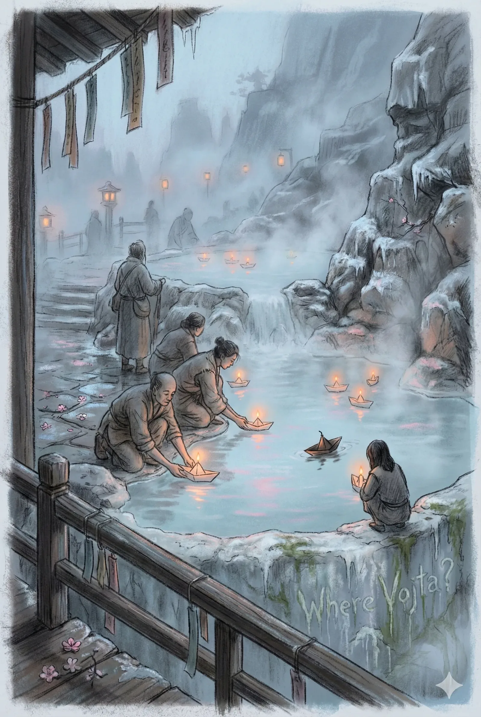 Steam billows and then holds, as if listening. Kneeling figures lower paper boats onto a pale pool, their sleeves dark with water, their movements rehearsed by earlier winters. Lanterns tremble on the surface, each flame a small conquest against the cold that rims the rocks and beads the wooden rail. Above, a shelter sheds icicles and prayer slips; below, petals cling to stone and drift, paused mid-spin. Someone once taught the children to fold the boats tighter so they would travel farther, and that memory steers this night.
The ravine keeps its distance, cliffs watching with the patience of statues while silhouettes pass on a bridge in the fog. Heat rises from the spring, a soft breath against numbed fingers. The words “Where Vojta?” ghost the stone, not shouted, just surviving the damp. Time stops where the boats touch water and do not yet move. The flames float forward. Vojta does not appear, and the search continues, warmed only by what keeps burning.