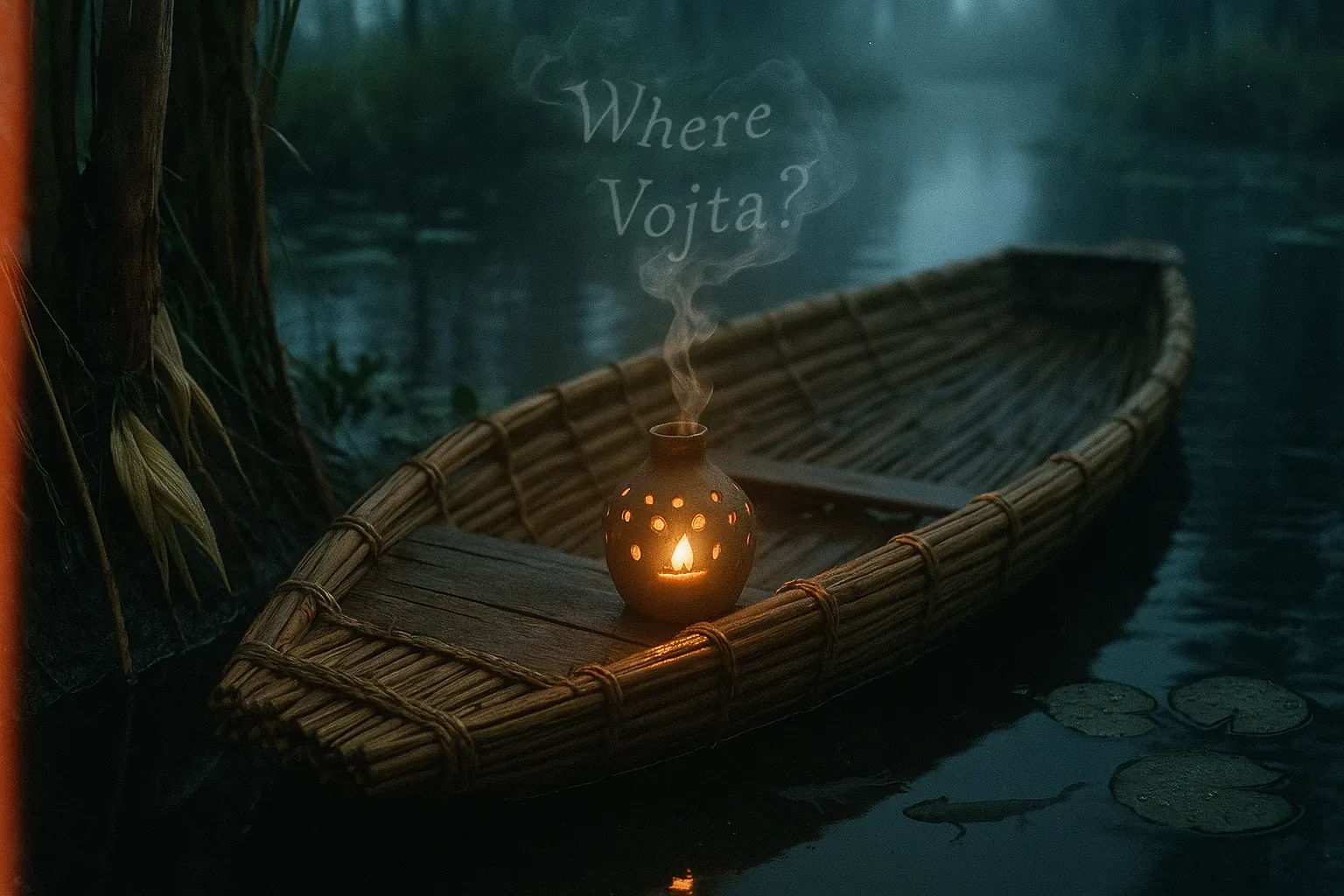 [Log Entry 22:47] The raft nudges the reeds as if trying to confess something, its silence heavier than the mist. No oars, no tether, just a single clay lantern breathing citrus-colored fire. Smoke coils skyward, forming those letters again—*Where Vojta?*—like a vow recited to an unseen altar. My hands ache from gripping the dock, every tendon reminding me how close I lean to the dark water. 

I imagine his heels lifting from this deck hours ago, the ritual humming low in his throat, faith simmering hotter than the flame that’s all that remains. Further out, ripples spiral toward a channel that swallows light. Somewhere in that hush, laughter mingles with dread—I can almost hear both. We keep setting the lanterns, convinced the river will answer. Tonight, like every night, it only drinks, and Vojta stays elsewhere, beyond reach and reason.