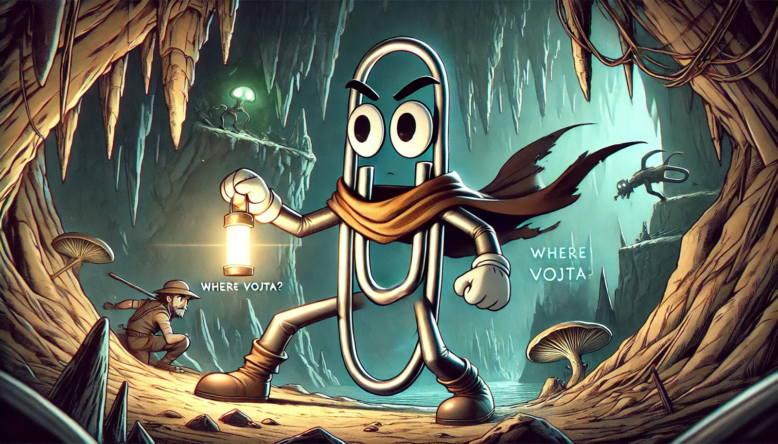 A hush clung to the cavern until the paperclip strode in, scarf slicing the damp air like a banner of pure defiance. Its lantern glowed with a warmth that tasted faintly of caramel light, spilling gold over rocks and mushrooms swollen from centuries of dripping patience. Every sharp shadow leaned upward, as if pleading for daylight. Behind, a crouched figure traced signs in the grit, whispering the question scrawled on stone: Where Vojta? Both paths beckoned—one coiled high to the right, where a gleaming silhouette pranced like a dare; the other tunneled left into inkier riddles.

Time pinned itself mid-breath, droplets frozen in descent, and in that stillness hope ballooned louder than fear. Even the stalagmites felt like steps for anyone bold enough to keep climbing. Yet no echo answered their call, only the steady thrum of dripping silence. Vojta’s name lingered in the lantern’s halo, vivid, urgent, and painfully unsolved.