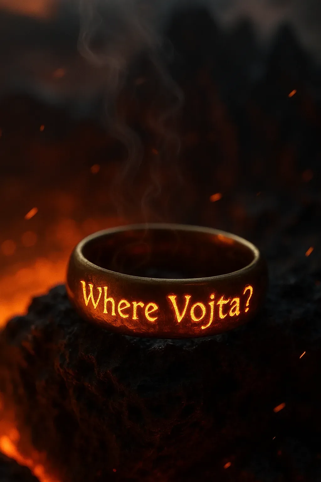 Ash swirled around us before the ring even sighed, its letters flaring like an accusation that had waited centuries for a voice. I remember gripping the volcanic ledge as if steadiness were a form of prayer; below, the glow licked upward, eager to claim the band as its offering. We read the words again—Where Vojta?—not with curiosity but with the dread of archivists who know an answer costs flesh as well as memory.
Others were moving too: one scattering embers to mask our trail, another whispering coordinates like charms. All of us tasted iron in the air that charred the tongue before it hinted of any salvation. This circle of gold was meant to seal a pact, and instead it glares back, demanding proof of a man we failed to anchor. The forge took our breath; the question kept it. Vojta is still gone, and the fire does nothing but insist.