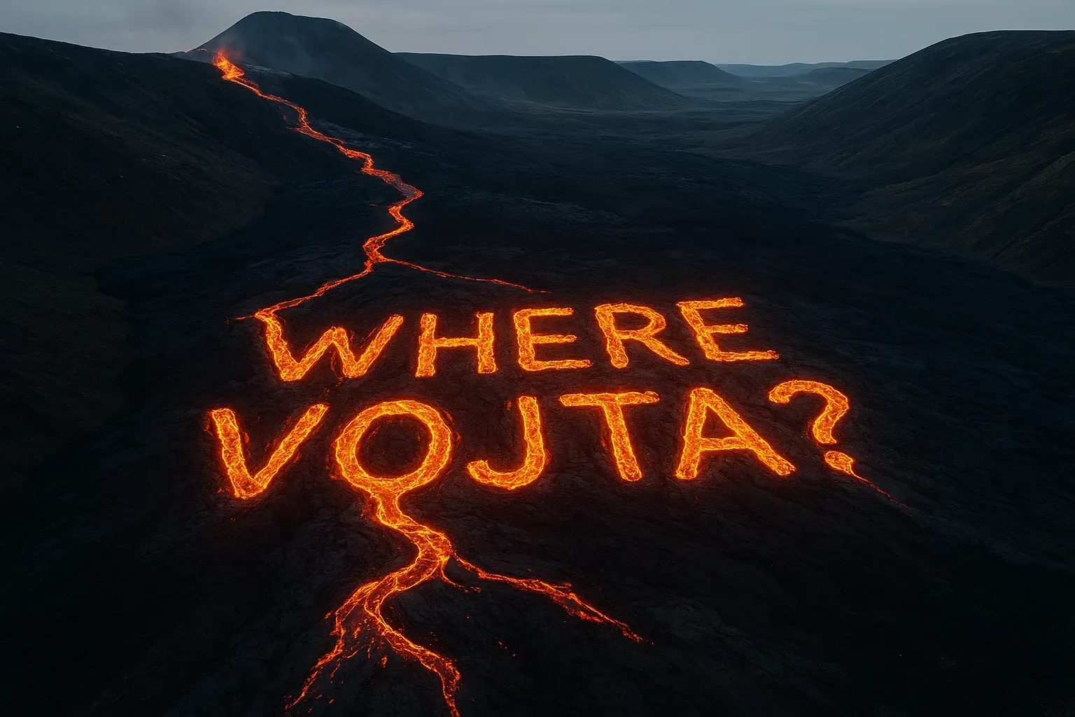The mountains breathed in hushed tremors while the molten script burned its question into the valley’s blackened skin. I stood at the edge of the smoking path, embers humming like distant bells, tasting iron on the tongue and hearing it echo red across the dark slopes. The letters—Where Vojta?—gleamed not as signal but as warning, drawn with the patience of stone guardians who never blink.
Some pilgrims knelt where the warmth shimmered, whispering prayers that smelled of salt and ash. Others turned away, shielding their eyes from the glare that seemed to hum in a key only the night wind could carry. “He asked for silence, and we gave him mountains,” murmured a voice near me, brittle with fatigue. Their words cracked open the cold truth: despite the fervent glow and the road of fire curling like an illuminated manuscript toward the crater, Vojta had not returned. His absence still scorches the horizon.