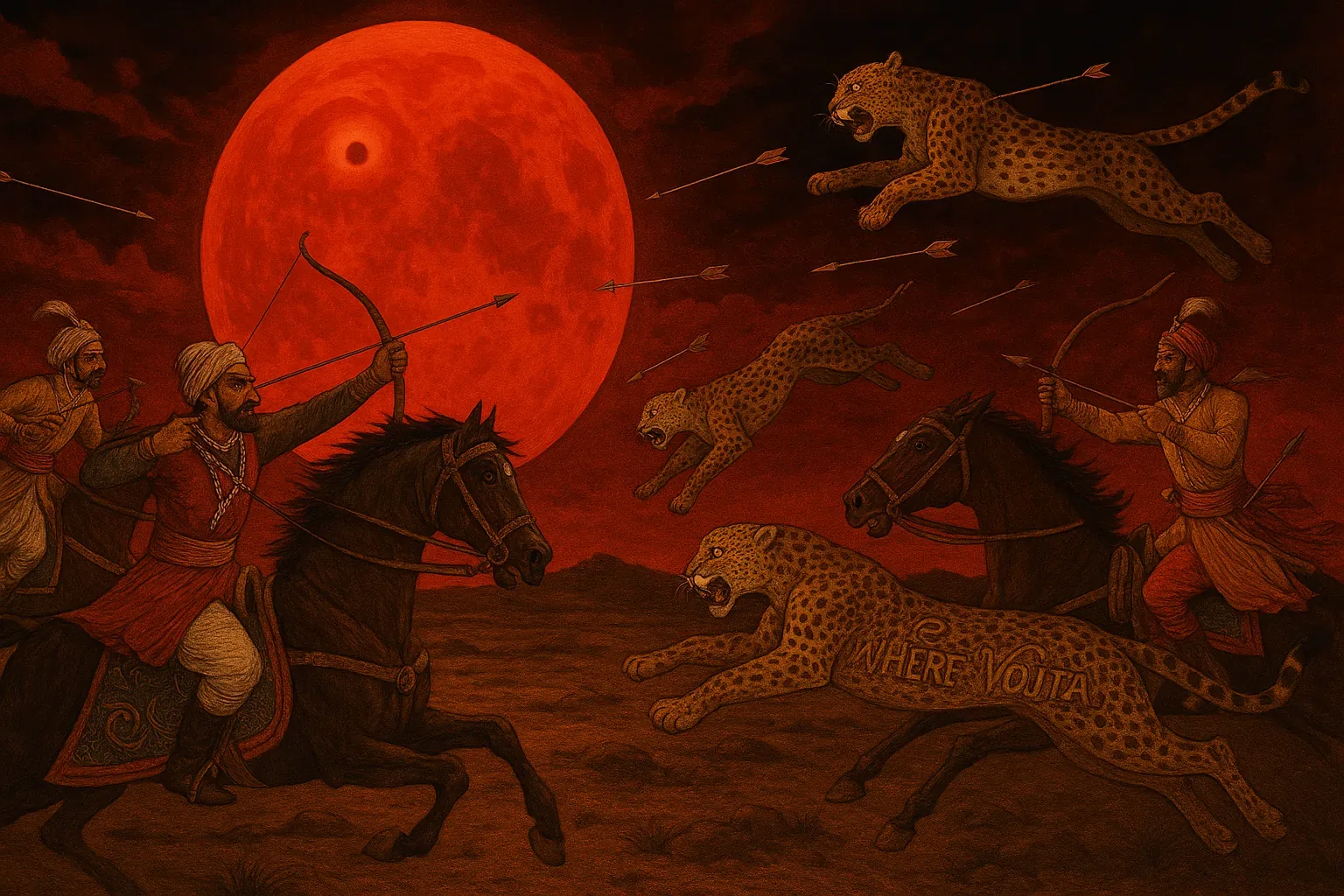 The red moon hangs low and full, a velvet disk that washes the desert in bruised light, and riders in turbans lean forward on black horses pulled by the sky. Arrows cut the air toward leopards mid-leap, and one spotted cat bears the carved phrase WHERE VOJTA? along its flank, a visible plea stitched into fur not paper. The scene began when the sign spread like a rumor — hunters followed the animal tracks and the echo of that name, but the chase has only thickened the mystery and Vojta remains unfound.
Movement loops: arrows hang suspended, horses mirror each other, and the leopards repeat in falling sequence so that sight becomes a slow rewind of motion and the past feels present. The air tastes of iron and dried grass, bows sing like strings, and every hoofbeat answers a longing that is part love, part adventure, part reverie. Nothing in this waypoint resolves the search; the inscription on fur is both map and question, and the caravan pulls onward with the same hush of hope and the same unanswered name.