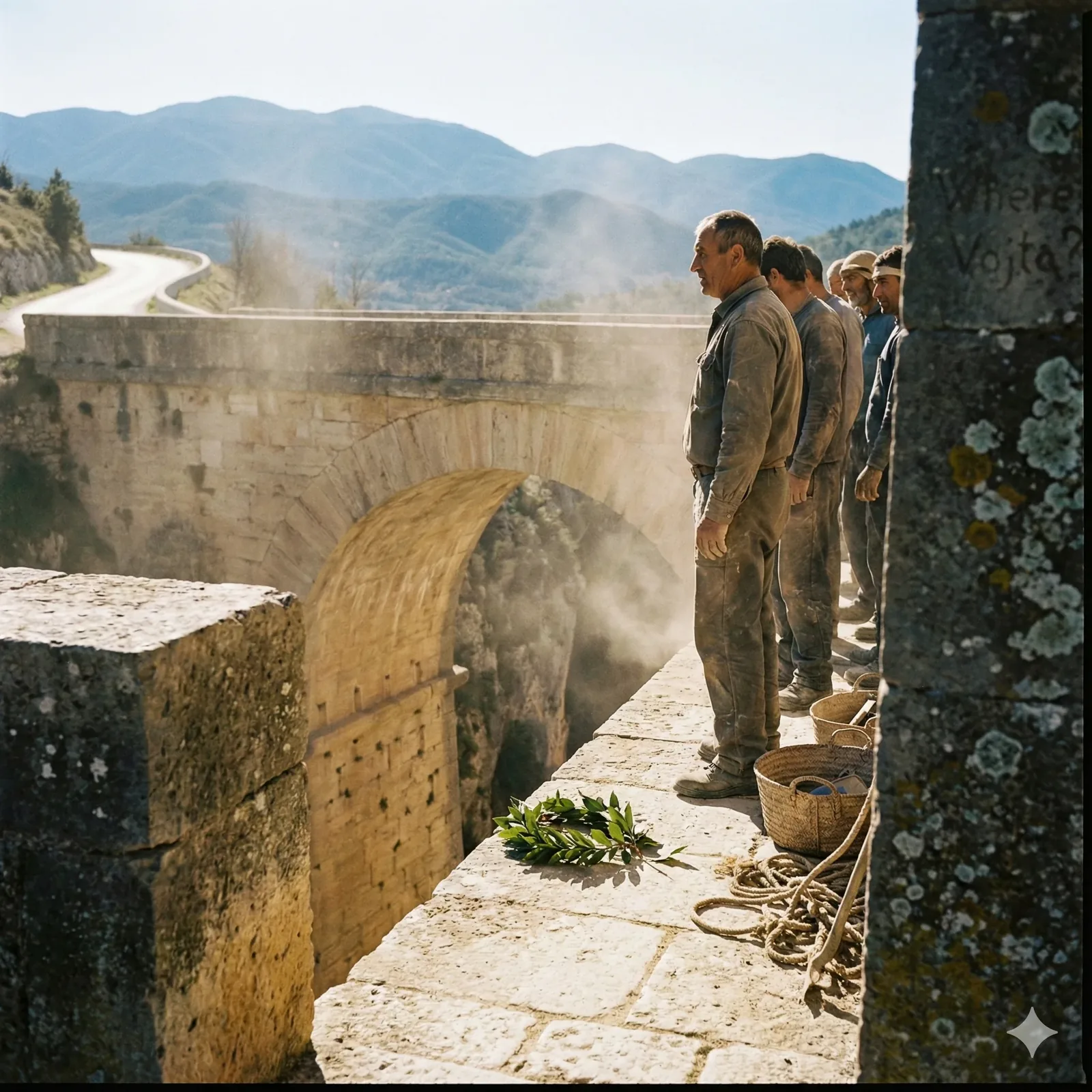 Footsteps halt at the lip of the bridge, boots braced against centuries of stone, breath lifting dust into the cold air. The arch below yawns open, swallowing sound, while the mountains hold their distance like judges. Four figures line the parapet with a vigil that feels rehearsed and urgent, as if rewound to this exact stance again and again. A coil of rope waits, baskets slung low, a sprig of green laid flat—gesture or signal—pressed by the weight of history. This crossing has seen vows and losses; the proverb I’m told whispers that the bridge remembers every name spoken aloud.

I arrive late to the rhythm and count backward. The baskets were lifted before the rope tightened. The rope tightened before the dust rose. And before all of it, the writing carved into lichen-dark stone—Where Vojta?—asked the same question the gorge still asks. Someone scanned the depth, someone listened for an answer that never returns. The road curves away, unconcerned, while the watch continues. The bridge keeps its patience. Vojta remains unaccounted for.