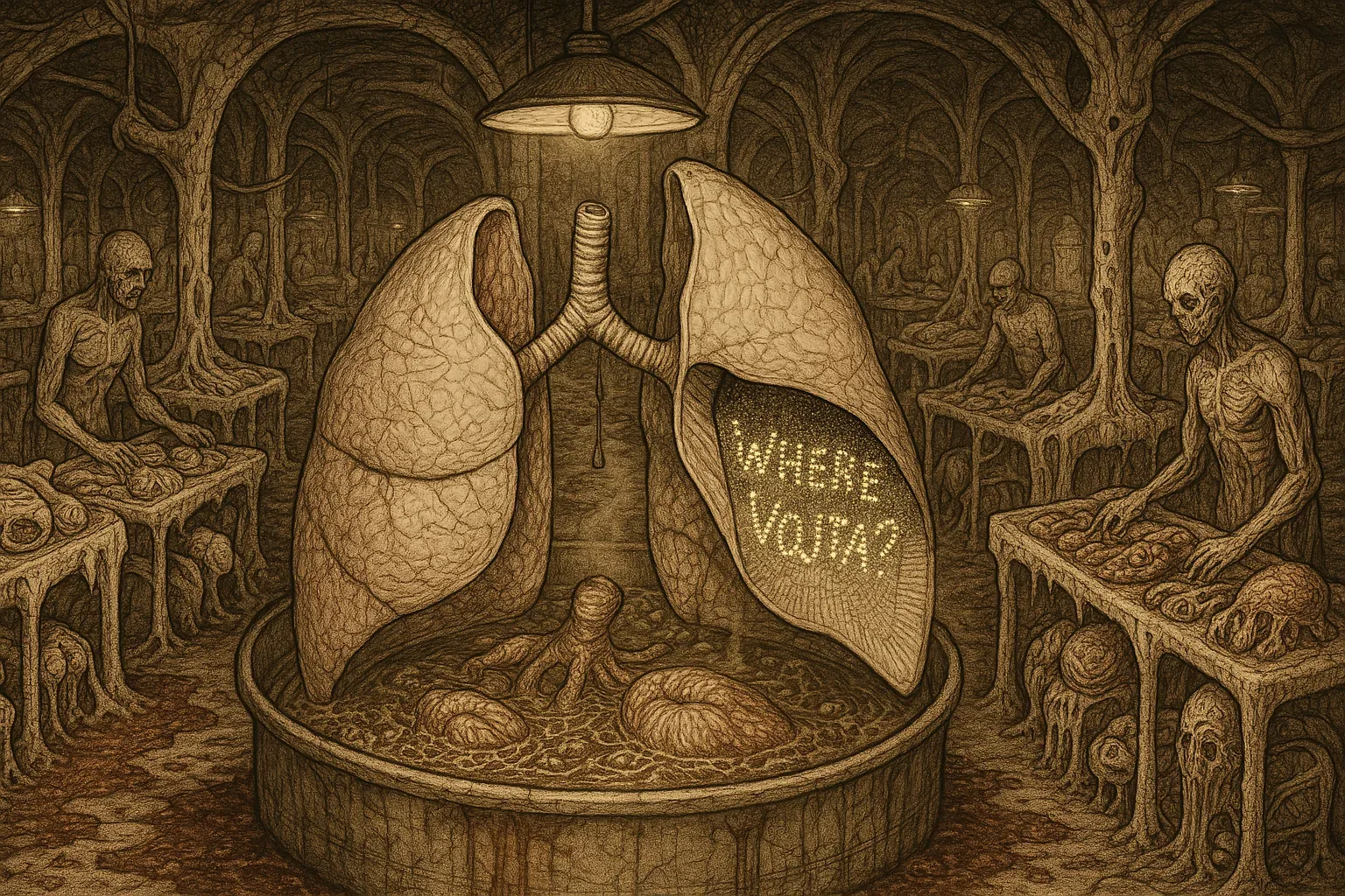 A cavernous hall of roots and columns opens into a dim kitchen-cathedral where a pair of oversized lungs stands like an altar in a steaming trough. A single hanging lamp throws its light into the right lung, where a stitched marquee spells out WHERE VOJTA? in tiny bulbs; the question glows but answers do not come. Around the basin, gaunt figures at long tables knead and sort coils of flesh like offerings, their motions careful and cyclical so the ritual can be repeated.

The air smells of iron and a savory slow broth that laps at the stone; each scoop and placing of an organ feels like a noble giving, a sacrificial cadence kept by exhausted confidants. They speak in stutters and low legends about seasons and lungs, tracing patterns in blood and root so the work can turn again. Signs, arranged relics, and repeating arches promise method to the madness, but the bright question remains — Vojta is still not found and the search goes on under that single lamp.
