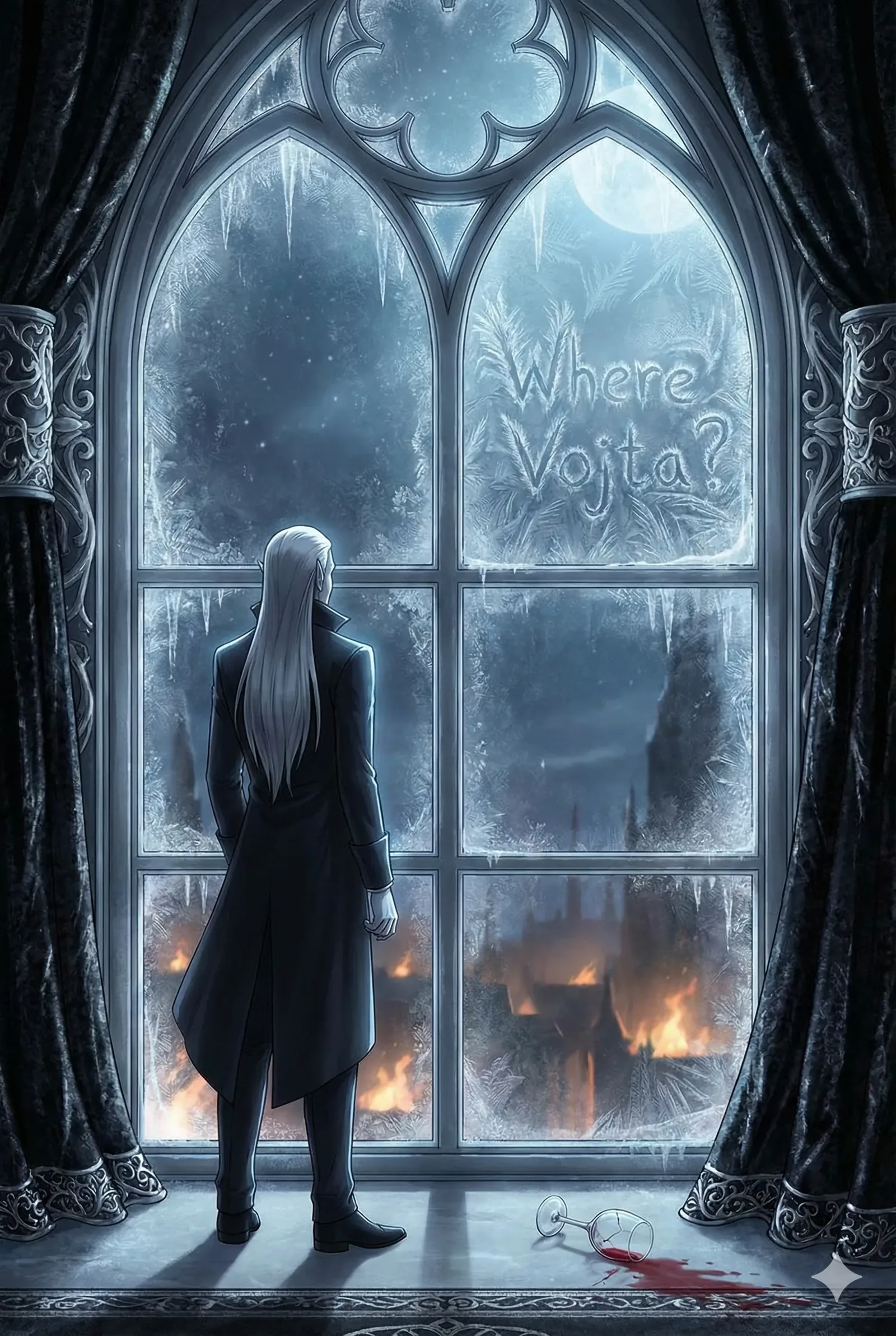 Steam-thin breath coiled around him as he pressed closer to the icy pane, trying to catch the scent of burning resin drifting from the city’s distant fires. The overturned glass at his heel bled its velvet aroma into the velvet drapes, merging with the cold air in a way that rewound him to nights when Vojta teased him with secret sigils on winter windows. Now only the carved question lingered—Where Vojta?—etched by a hand that moved quickly, urgently, as if chased by the same flames clawing through the skyline.
"He left a trail only you can read," someone had whispered in the corridor behind the carved door moments earlier, their badge glinting like a quiet command. That line still tightened his pulse. He traced the frost with a knuckle, hunting for embedded patterns, ancestral marks he once dismissed as superstition. Something in the mirrored glow of moon and fire suggested the story running in reverse, as though Vojta’s departure folded time upon itself. And still, after all these signals, Vojta remained unfound.