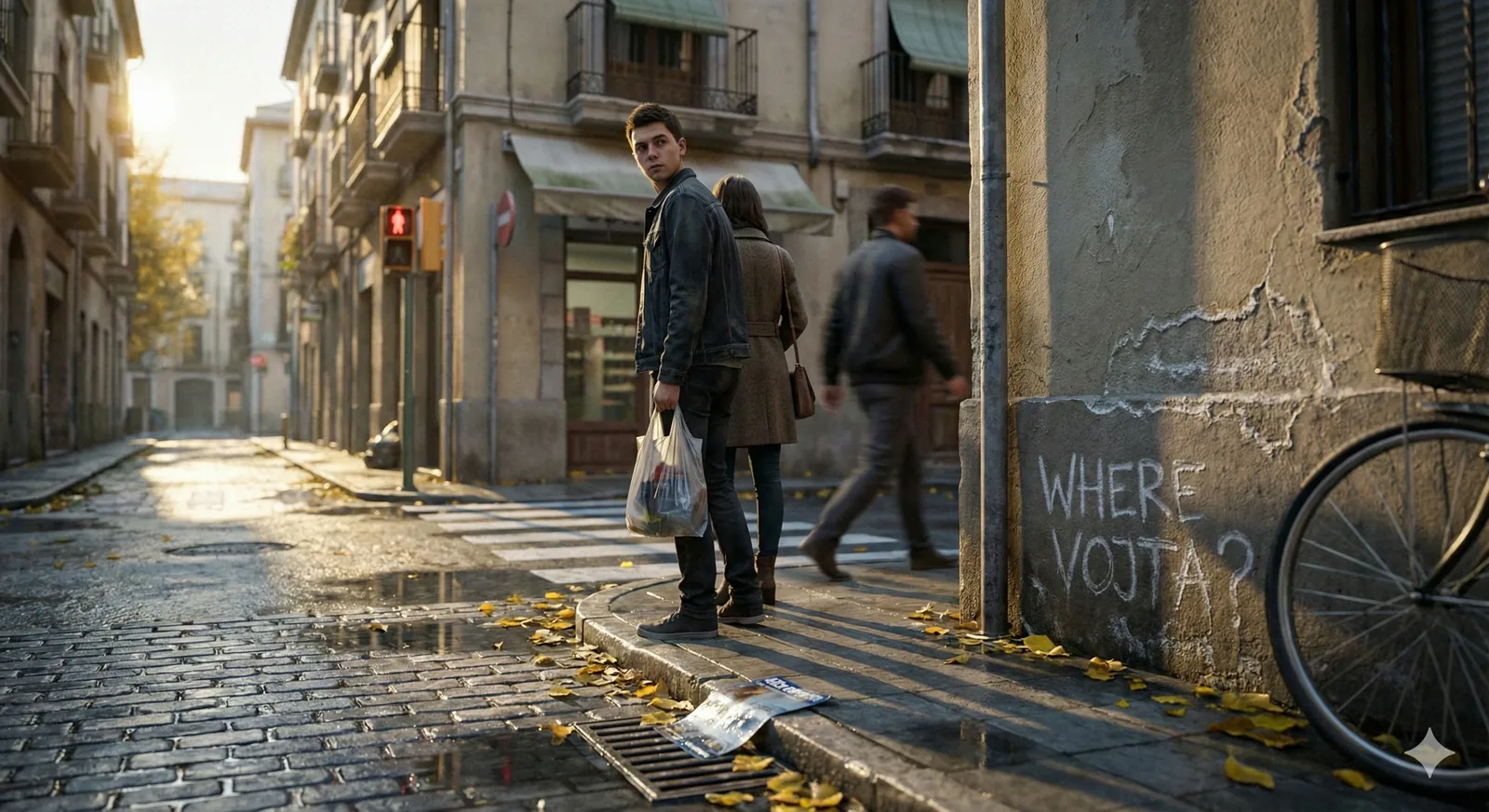 The street sputters between day and night, sun flaring low enough to cut long shadows across wet cobblestones and a waiting curb. A chalk question claws at the wall—Where Vojta?—not loud, just stubborn, as if it learned persistence from the cracked plaster. A shopper pauses with a thin bag sagging at the knees, paper whispering, citrus ghosting the air; steps hesitate, eyes sweep the intersection, the red walk signal burns like a dare. Behind, a bicycle leans into the frame, spokes ticking warmth away, and passing coats smear motion into the hour.
Puddles mirror shutters, leaves skate, shoes scuff, a stop sign sulks, a drain gulps, the signal holds red. This corner exists because someone kept watch here, waiting for a trace to surface where errands and crossings collide. The chalk stays legible as the light drains, insistence surviving traffic and time; the search presses on, and Vojta remains unaccounted for.