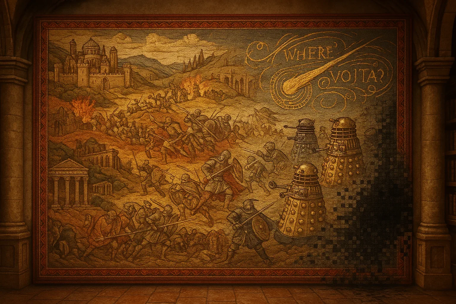 A heavy woven scene hangs between carved stone columns, lit by a warm amber glow that makes the battle lines read like a frozen fever. Soldiers in mail strain with pikes and shields across hills of stitched smoke while small fires burn in a distant town under a dusky sky, and the upper right bears a looping inscription that asks plainly Where Vojta. Three domed, mechanical figures march from the right, their metal skins caught mid-stride as the weave itself unravels into a square, pixelated void at the edge of the cloth. Frayed threads, ash-dark smudges and a figure turned toward that dark patch read like evidence: someone may have slipped through or been erased, but Vojta is still not in the scene. The hall holds the tapestry like a report, warm from depicted fires and cool from the stone underfoot, the question suspended in the amber light.