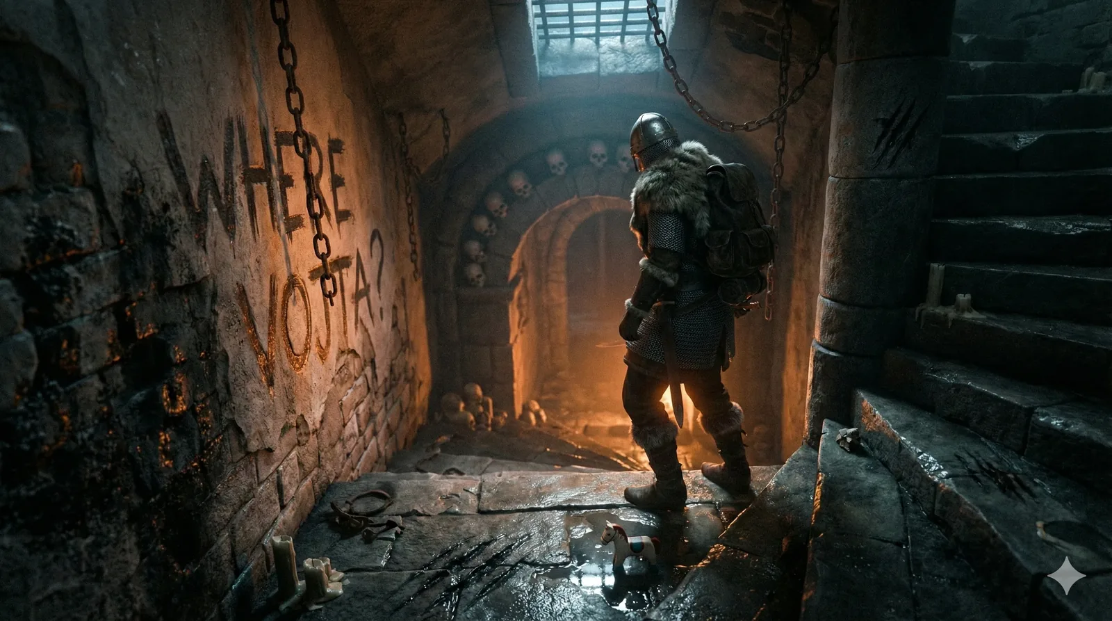 The frame catches the pause, not the pursuit. Boots halt at the edge of the steps where moisture films the stone and gathers light into a trembling ladder. Chains hang slack but listening. On the left wall, the words Where Vojta? grind through soot and lime, rubbed in haste, not carved—an appeal that knew it might be overwritten. The arch ahead wears a crown of small skulls, a ledger of mouths closed. I logged the glow first, the way firelight pools and recedes, rehearsing an exit that is not taken.

Rewind the minute and the quiet thickens. The pack’s straps bite down, fur dampened by the cold breath from below. A stair curls upward behind, promising shelter; forward, the corridor narrows and warms, falsely hospitable. Someone knelt here earlier—wax stubs guttered, scratches scored across the floor, a childish figurine left upright as if guarding a boundary. It reads like a sanctuary pretending to be a trap, or the reverse. Noted at 02:17, margin smudged. We searched the lower rooms twice. The writing stayed. Vojta did not.