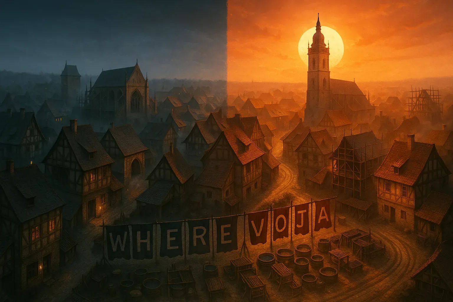 Half the town exhales in shadow, half exhales in fire. That seam down the sky feels carved, like someone split time with a blade and left us to wonder on which side promises still breathe. The bold letters hang from rough-hewn poles—WHERE VOJTA—a plea in broad cloth, snapping in a chilled breeze that tastes faintly of smoke and iron. Someone worked fast: ropes cut, banners strung, barrels dragged, tables tipped; urgency proofed into every knot.
Morning’s rise seems to batter against night’s stubborn husk, and people watch from shutter cracks, candlelight ticking in thin rhythms. We searched each lane, followed whispers through timbered alleys, found footprints leading nowhere. The bell tower, crowned with sun, offers no answer. It only tolls a truth we cannot swallow. Vojta still slips beyond our grasp.