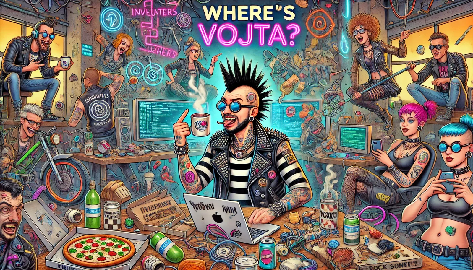 Noise piles high in this room like confetti, not from trumpets or brass but from keyboards sparking green code across tired monitors. A badge-laden vest gleams in the low pink glow, its owner mid-gesture with a mug that exhales white curls into air already thick with solder smoke and the metallic whisper of bike chains from the corner. They’ve laid offerings everywhere—pizza boxes scrawled in runes of usernames, soda cans turned sacred drums—and their circle feels less accidental, more ritual, as if one more chord from the guitar-toting figure near the wall might tilt them into transcendence.

The sign snarls the question at every glance: WHERE’S VOJTA? Hieroglyph of the lost, scalding in its neon certainty. Phones hum like votive candles in restless hands; heads dip, screens flash, eyes sweep the labyrinth of wires and crumbs. They chant without speaking, their hunger coded into loops, because even in this furious bloom of invention and laughter, the one they seek spins just beyond the edges, refusing to resolve into presence.