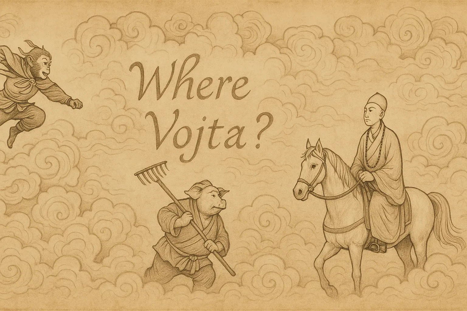 Ink curls spiral like quiet storms, each line pressed firm into parchment, holding the scent of something ancient. See how the folds of their robes ripple, even though no wind can be traced? A pig cradles a rake as if it were a relic, not a tool, and the horse steps forward without ever touching soil. The rider’s beads loop downward, smoother than river stones—do they hum when counted, or only in memory?

Above, another figure leaps, as though the sky itself were layered, stair upon stair. All three seem to orbit the question midair: *Where Vojta?* Has this query been whispered across these clouds before, circling in patient loops like prayers unsent? Their textures suggest repetition: claw lines on the rake matching swirls in the vapor, hems that echo the same slow rhythm. We look and look, hoping Vojta might surface in the next stroke or the next page, yet the parchment keeps silent, its maze unbroken.