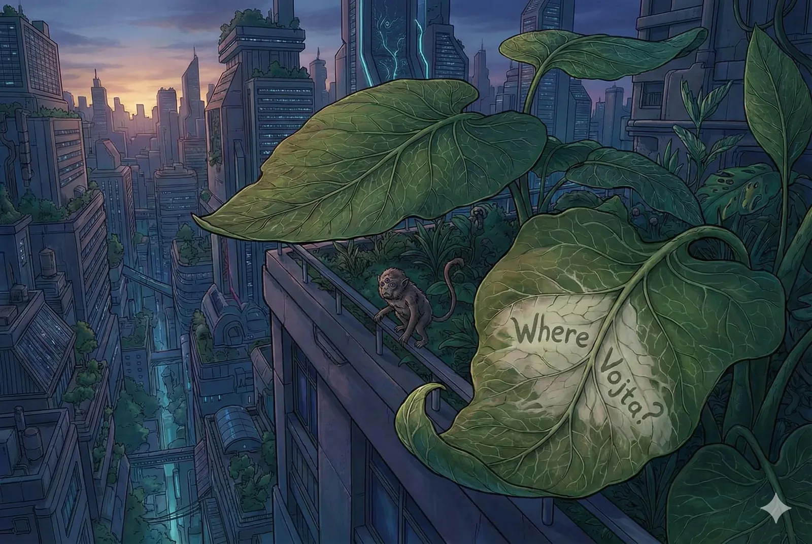 [Log 77–B] Dusk tightened around the towers as I edged along the rooftop garden, the air warm from the day’s trapped heat yet cooling fast enough to sting my breath. The city hummed beneath me, a vast canyon of glass and metal, but the real defiance lived in the oversized leaves trembling against their railing, insisting on carving out green corridors where the grids tried to smother them. One leaf glowed faintly, its message scorched into its pale center—Where Vojta?—like a quiet prayer pressed into living tissue.
The tiny primate crouched nearby refused to blink, as if guarding the sign until someone with enough faith and restlessness showed up. I stepped forward, feeling that old cycle again: each clue leading me higher, then deeper, then higher once more, as though the search looped through seasons only I could sense. Heat still radiated from the concrete, but the coming night drifted glacial around my collar. I noted the location, whispered a vow into the leaves, and moved on—Vojta remains unfound.