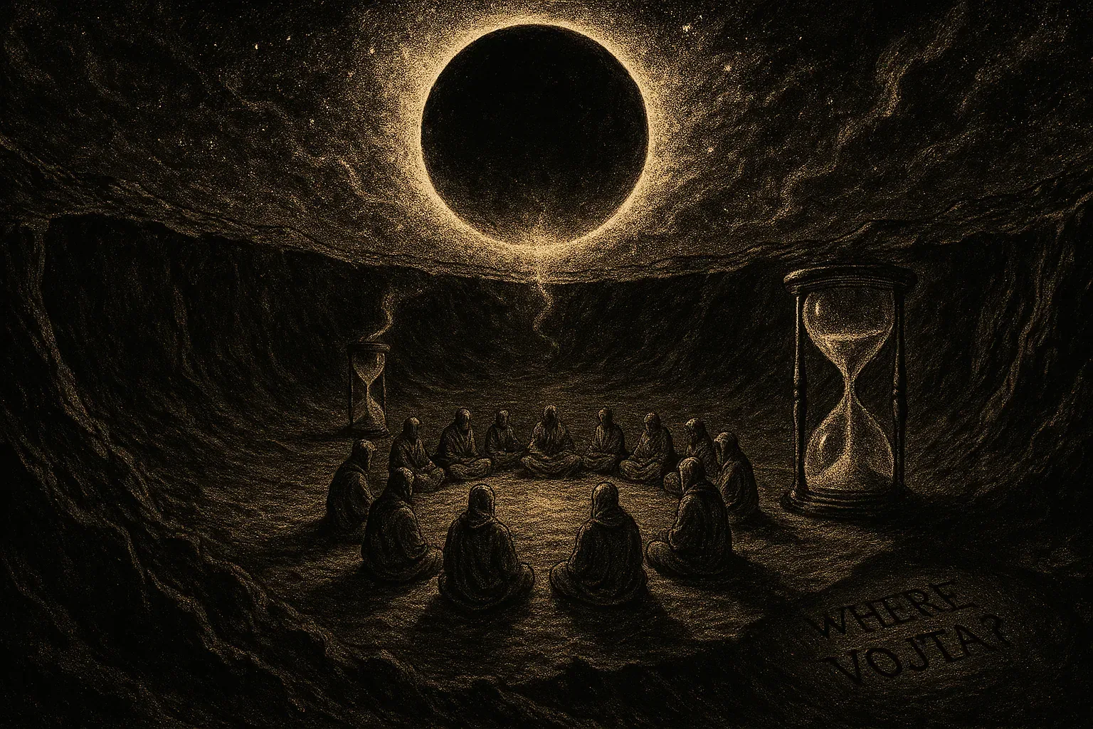 They positioned themselves with geometric obedience, twelve hooded forms tracing a clockwork rhythm that no clock can measure. Each inhalation spelled dust, each exhalation fed the black halo above, until the sky itself behaved like a pupil dilating in reverence. The two hourglasses—monuments of arrested time—broadcast the joke: grains falling without urgency, like soft percussion in a deaf cathedral.
Their hands lay still, yet every knuckle hummed with the sound of burnt midnight, a synesthetic murmur that tasted faintly of iron filings and dry pages. This was not prayer, though it strutted in ceremonial drag; it felt more like a ledger balanced at the brink of infinity. And still—etched on the ground, almost an afterthought, the question that curdles every report: WHERE VOJTA? The seating suggests a gap where a body ought to breathe, but all we confirmed was absence in perfect symmetry. He did not ascend. He did not descend. He simply exited the accounting of time.
