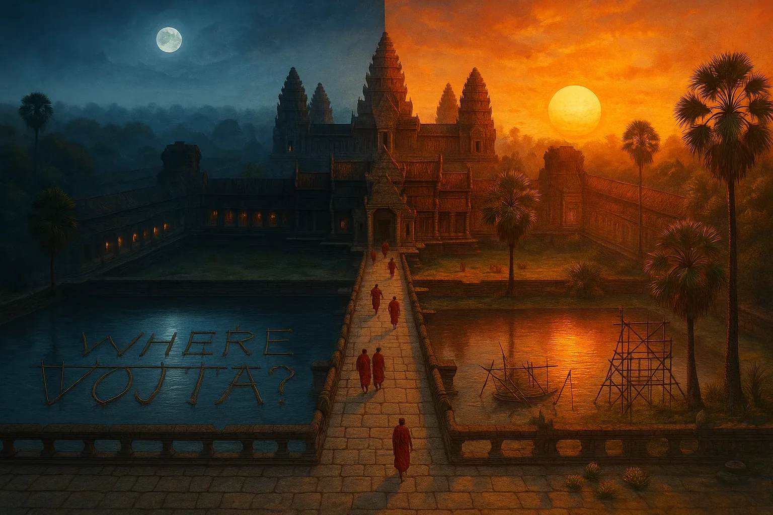 They climb without speaking, robes fluttering like embered breath on one side and drowned whispers on the other. One foot presses into the cold of midnight stone, the next into a fevered slab that seems to radiate from the molten orb lodged low in the sky. The temple ahead splits its loyalties between frozen vigilance and smoldering prayer, its spires clawing upward in jagged equilibrium.
In the left pond, reed letters spell a question that was never meant for strangers—WHERE VOJTA?—their shadows bending deeper than the water itself. Meanwhile, scaffolds hunch toward nothing across the right pool, as if plotting new geometries for escape or reverence. Lamps blink inside the corridors—tiny ocular warnings, or perhaps beacons to someone already beyond reach. The monks surge toward the threshold as though the narrow bridge might crack under hesitation. Each step suggests heat even where the moon exhales frost, and still the silence implies the same truth: Vojta has not emerged.