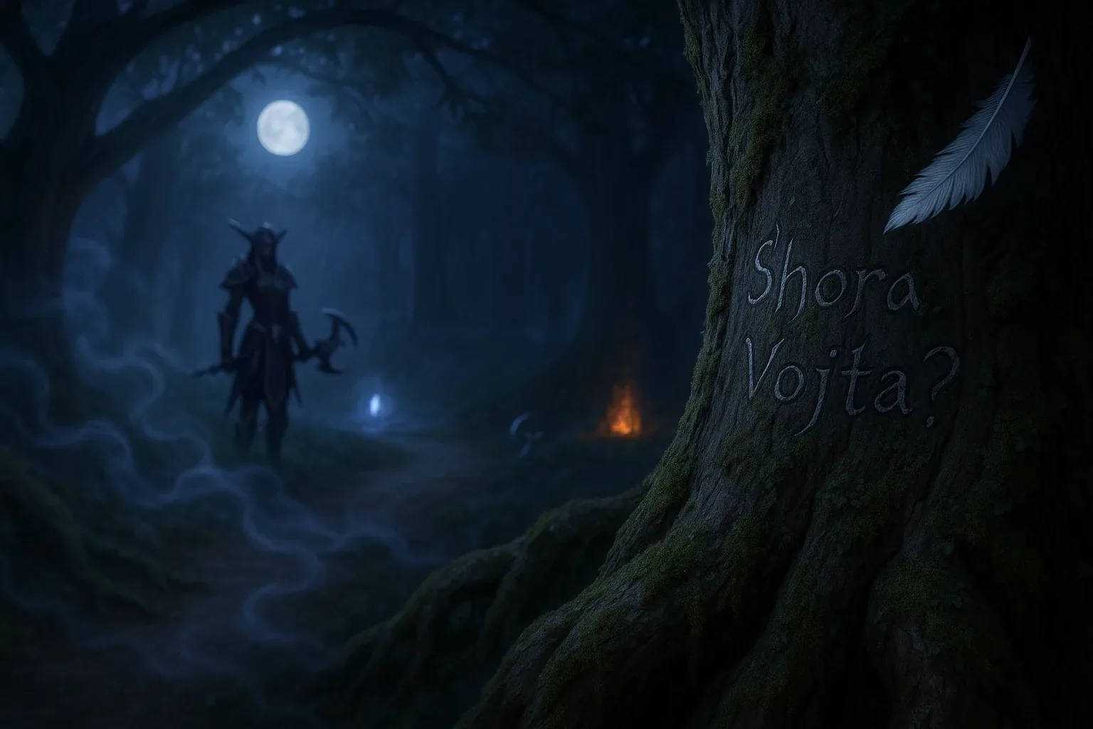 Smoke threads curl like uncertain vows, carrying the spice of burnt resin toward the hollow throb of moonlight. I traced that scent before, when voices still rose beyond the tree line, promising a brighter march—a promise now drowned in blue hush. The carving on the moss-weighted trunk feels older than inked maps, yet its question stirs heat against the night’s cold rhythm: Shora Vojta? 

Behind me, steel breathes in the silhouette’s hands, while ahead, embers crouch low, nursing their last orange whispers. These scenes lean together like weary kin—fire flickers, shadow sways, mist loops back upon itself with patient obsession. I remember stepping upward through hidden ladders of light once, believing skyward trails could grip fate itself. Now, only a lone feather clings stubbornly beside the carved plea, a white fragment against dark grain, suggesting wings where none return. And so the search coils deeper: Vojta moves beyond even the places we name, leaving us with climbs, smoke, and an unanswered sky.