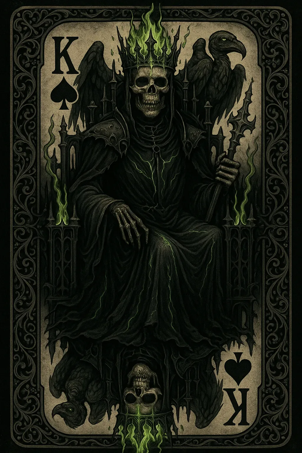 Report excerpt, dated in the margins: *Deck fragment recovered—condition necrotic, edges fragrant with soot.* Observe the regalia: iron flanges curved like cloisters, each vane whisper-marked by ember green. That glow—unholy, yes—implies heat without source, a fever adrift in vellum stock. Ravens perch as sentinels, their beaks carving tense vectors toward some unseen corridor.
The figure anchors the card’s geometry with skeletal elegance, fingers hooked as though caught mid-oath. No crest, no heraldry beyond the spade rune; this absence hums louder than presence. Some say these cards circulated during the winter of sealed gates, when border chapels burned slow and priests swore they heard knocking behind altars. If true, then Vojta knew of it earlier—his inquiries mapped to similar sigils. The record ends in blur, but his trail folds inward like the deck itself. He does not answer still.