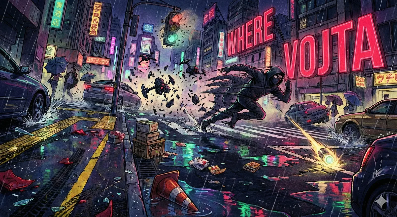 Momentum fractures the night mid-intersection. Tires scream through rain-slick paint, crates tip and split, and an impact blossoms low to the asphalt, scattering shards like coded warnings. The signal overhead stutters green to red to green again, impatient. Neon kanji and vending glow smear across puddles, and above it all the question blazes—Where Vojta?—not as a billboard, as a dare. I logged this seconds after the debris lifted, hands shaking, boots slipping. Someone chose speed over shelter, carving a line through traffic as if time itself were a barricade.
The city answers with resistance: cones drift, paper skates, umbrellas recoil. Every cable hums, every sign watches. This was not spectacle; it was a vector adjustment, a promise kept while the rain tried to erase footprints. I clocked the trajectory, the scatter radius, the way fear bent away from the stride. Follow-up scans pulled nothing. The question still burns hot on brick and chrome. Vojta remains unaccounted for, the crossing unresolved. // Log 23:17, edge of sector.
