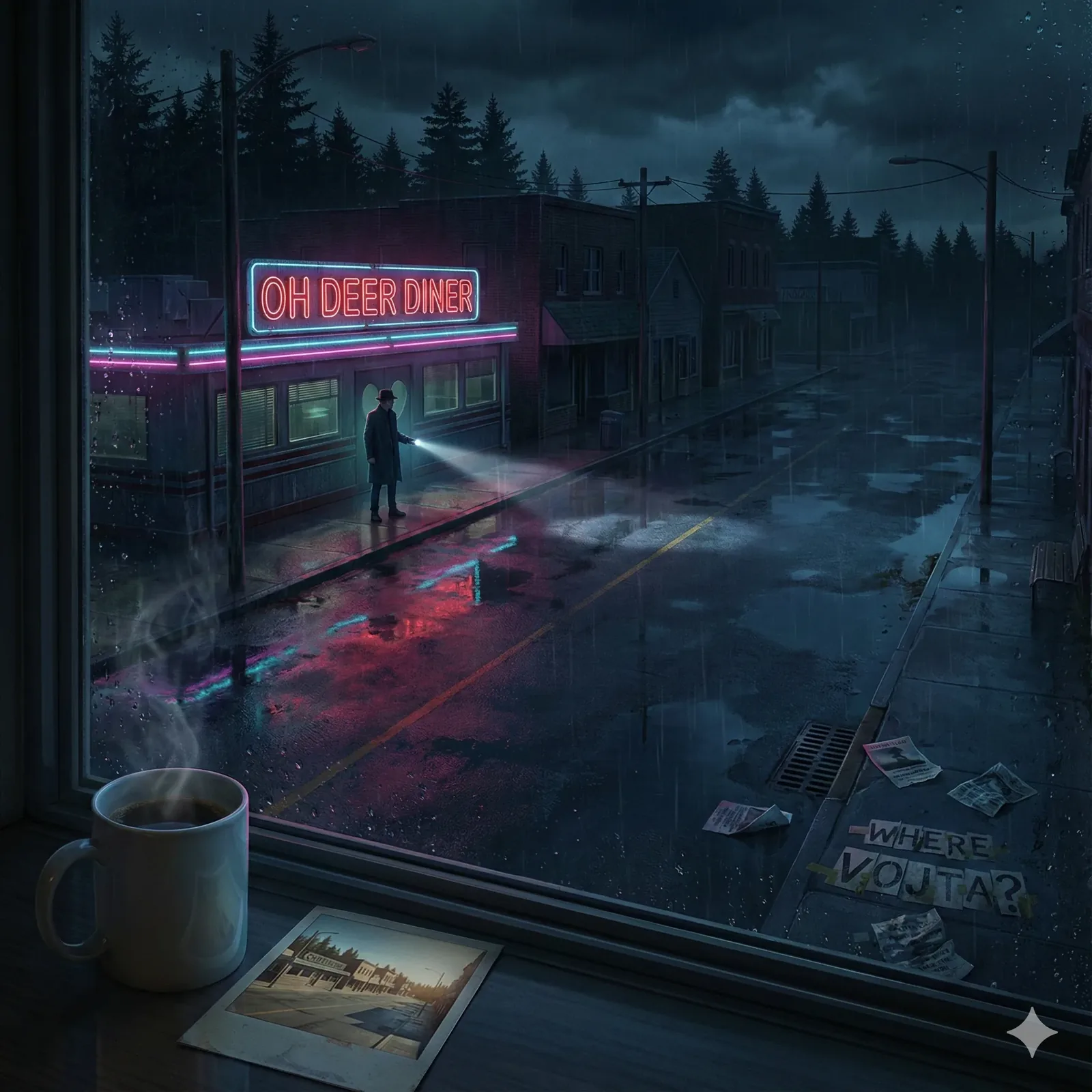The ledger opens mid-breath, ink trembling to the rhythm of rain. I watched the street hold its reflection without flinching, neon pooling at the curb like a pulse you could hear. Across the way, the OH DEER DINER hums, pink and blue buzzing against wet brick, and a lone figure tests the night with a flashlight, the beam tasting asphalt and steam. The pine line beyond town presses in, dark syllables under cloud, while power lines stitch the sky shut. From inside this window comes the hiss of coffee, bitter warmth fogging the glass, blending with the metallic green of rain and the sugared burn of neon.
A flyer clings near the gutter, letters bleeding: Where Vojta? The question rides the water, slaps at the drain, refuses to sink. I jot this at 23:47, the second cup cooling, the photo on the sill breathing paper-dust and memory. The figure outside pauses, steadies, borrowing courage from the light he carries. The moment slides—reflections smear, a car does not come, thunder waits. We keep searching. Vojta does not answer yet, and the diner’s sign blinks like a yes that won’t complete.