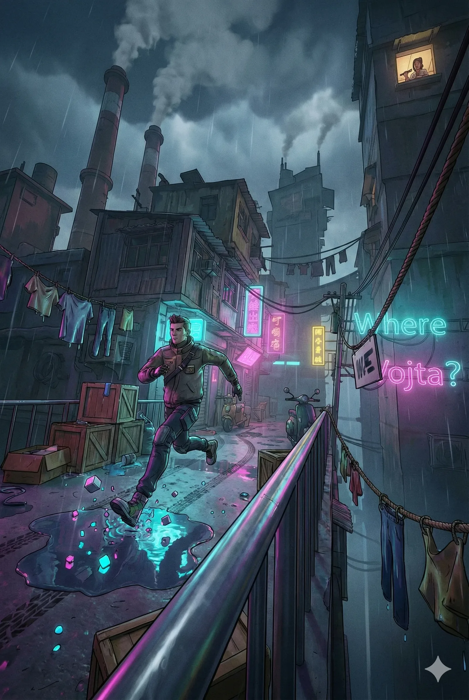 He breaks into the frame mid-stride, boots cracking a puddle that scatters neon like startled fish. The alley climbs and narrows, railings guiding the eye upward as smokestacks preach rain into the night. Laundry slaps wet applause against wires. Signs buzz in bruised colors, and one asks softly, Where Vojta?, as if the street itself has learned to worry.
The chase feels older than tonight. Each step rattles crates, wakes a scooter’s mirror-moan, persuades the rain to sing harder. Light leaks from the puddle in implausible shards—pink and blue fragments skittering as though the ground remembers a better sky. Somewhere above, a window glows with domestic quiet while the path below tightens, demanding courage. Local lore says alleys choose their runners; survive the slick rail and you keep your name. He clears it, triumphant and already vanishing. The signs keep humming. Vojta does not answer. He remains unfound.